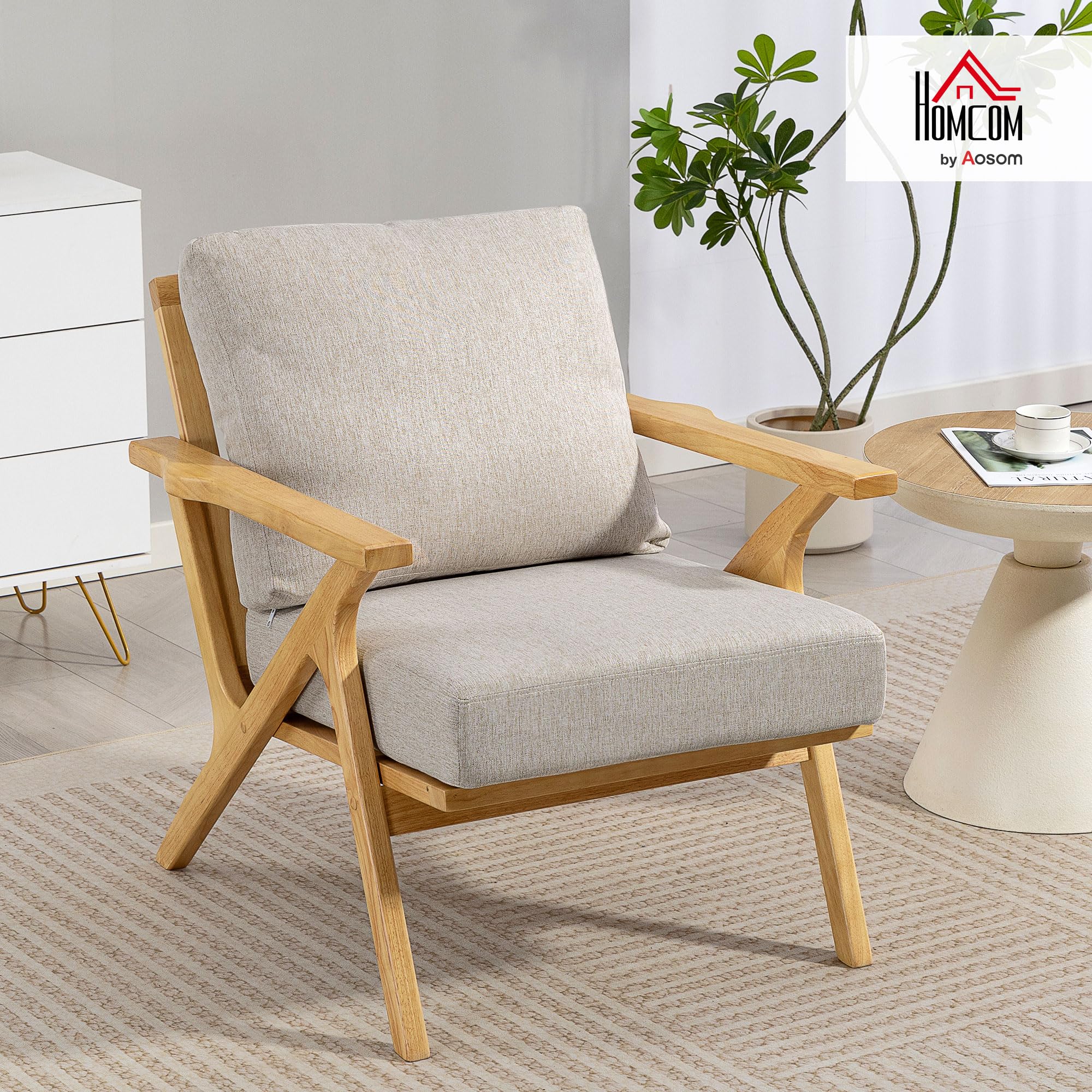 HOMCOM Wohnzimmersessel, skandinavischer Sessel aus Stoff in Leinenoptik mit dicken Kissen, gepolsterter Sitzfläche und Beinen aus Hevea-Holz, Wohnzimmerstuhl, Schlafzimmer, Leseecken, beige
