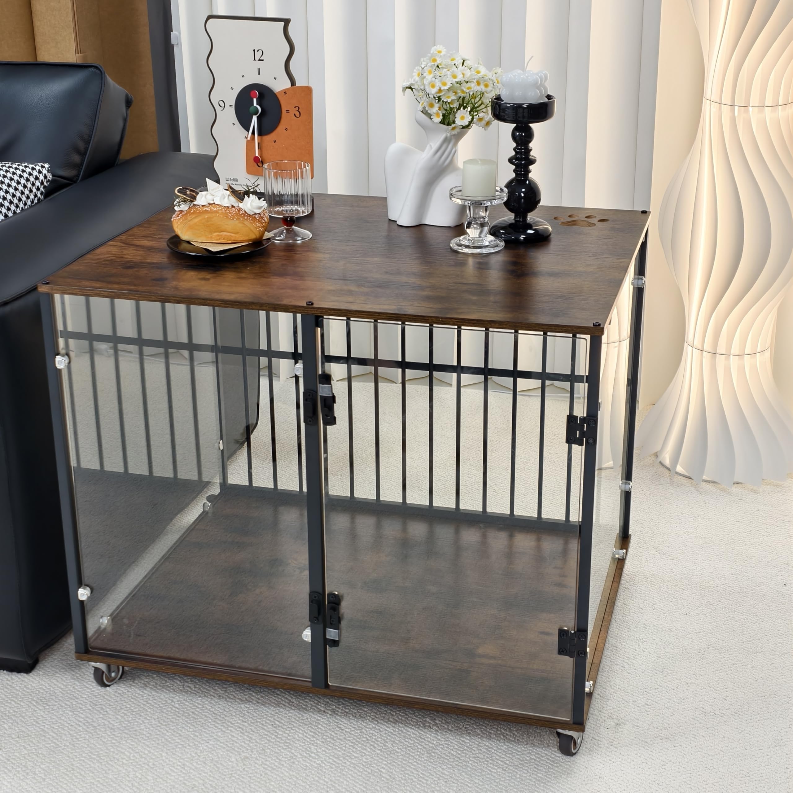 Bingopaw Jaula para Perros Mediano Mueble 77x60x65cm Jaula Perros Transparente de Vidrio Templado Resistente a Las Mordidas y Duradera con Hierro Fuerte Anticorrosivo y Superficie de Mesa