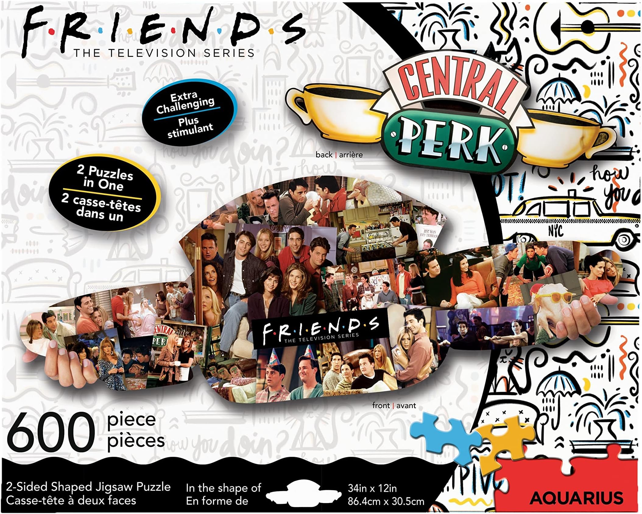 AQUARIUS Friends Central Perk Puzzle (2-Sided Shaped 600 Piece Jigsaw Puzzle) - Glare Free - Precision Fit - Officially Licensed Friends TV Show Merchandise & Collectibles - 34 x 12 Inches