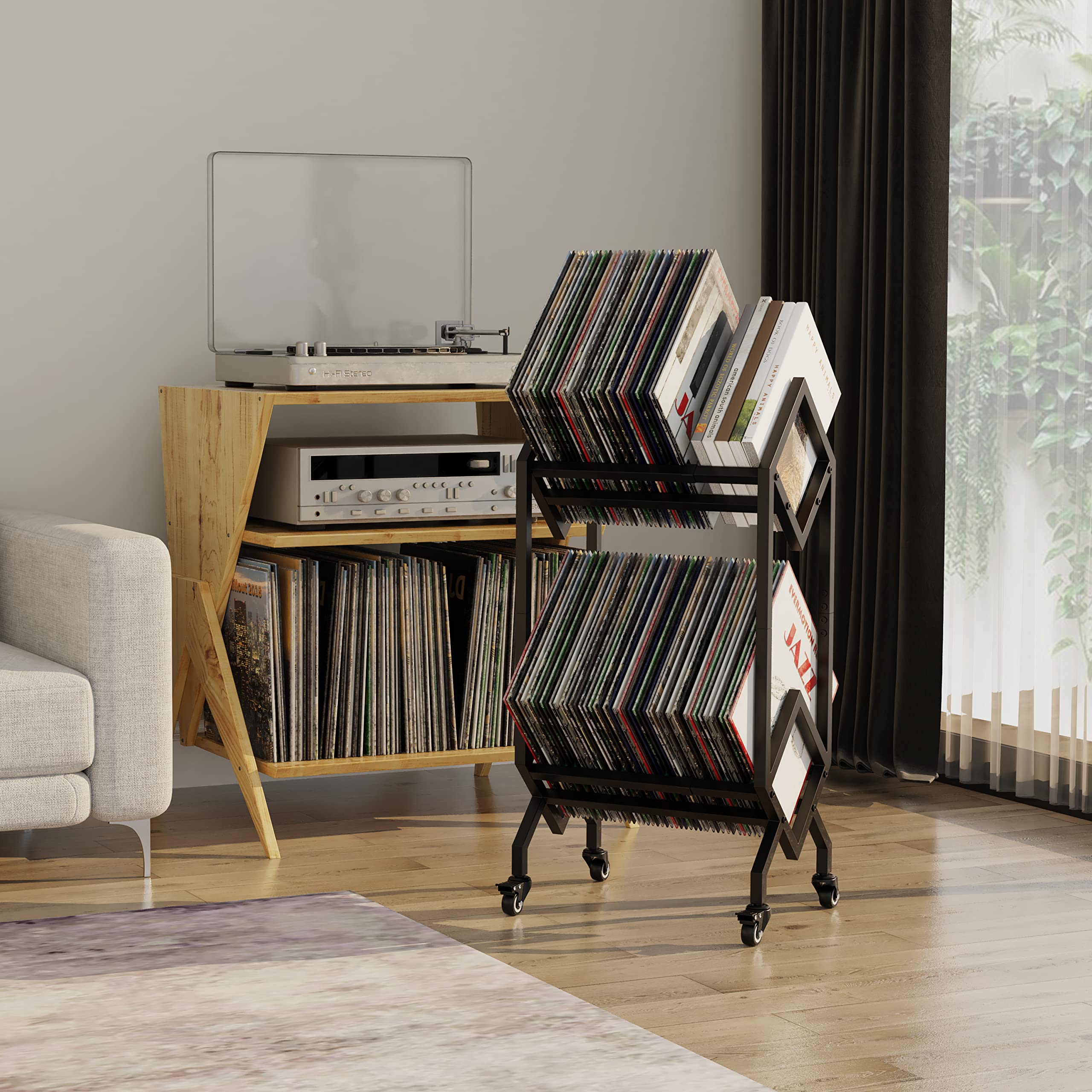 VEDECASA Supporto per dischi in vinile DJ con carrelli, facile da spostare, scaffale porta album mobile, supporto per riviste, organizer per file per ufficio - scaffale