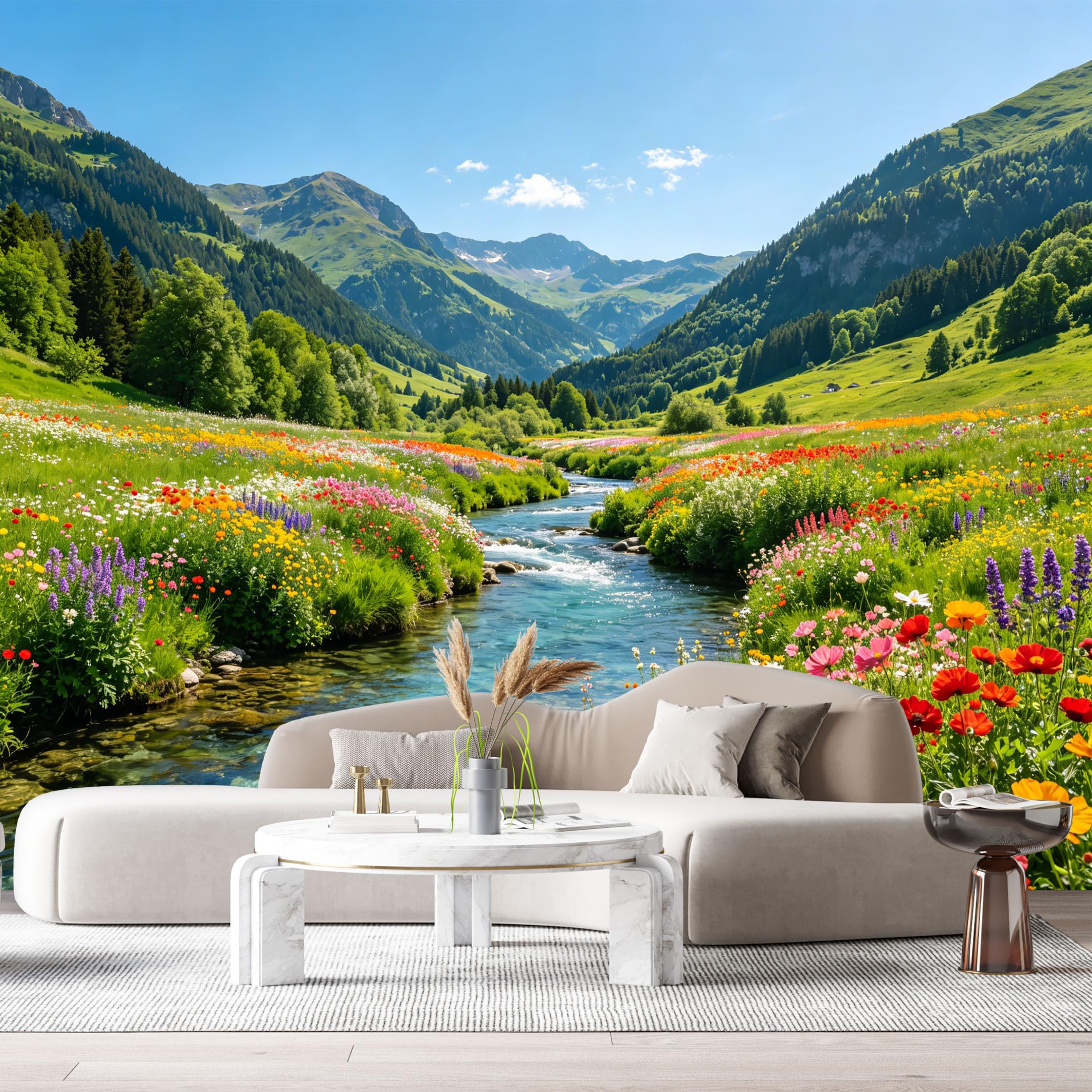 Custom Size Wall Murals Alpine Meadow River Mountain Landscape Botanical SelfAdhesive Wall Fabric Removable Large Wallpaper for Photo Living Room Interior Decor