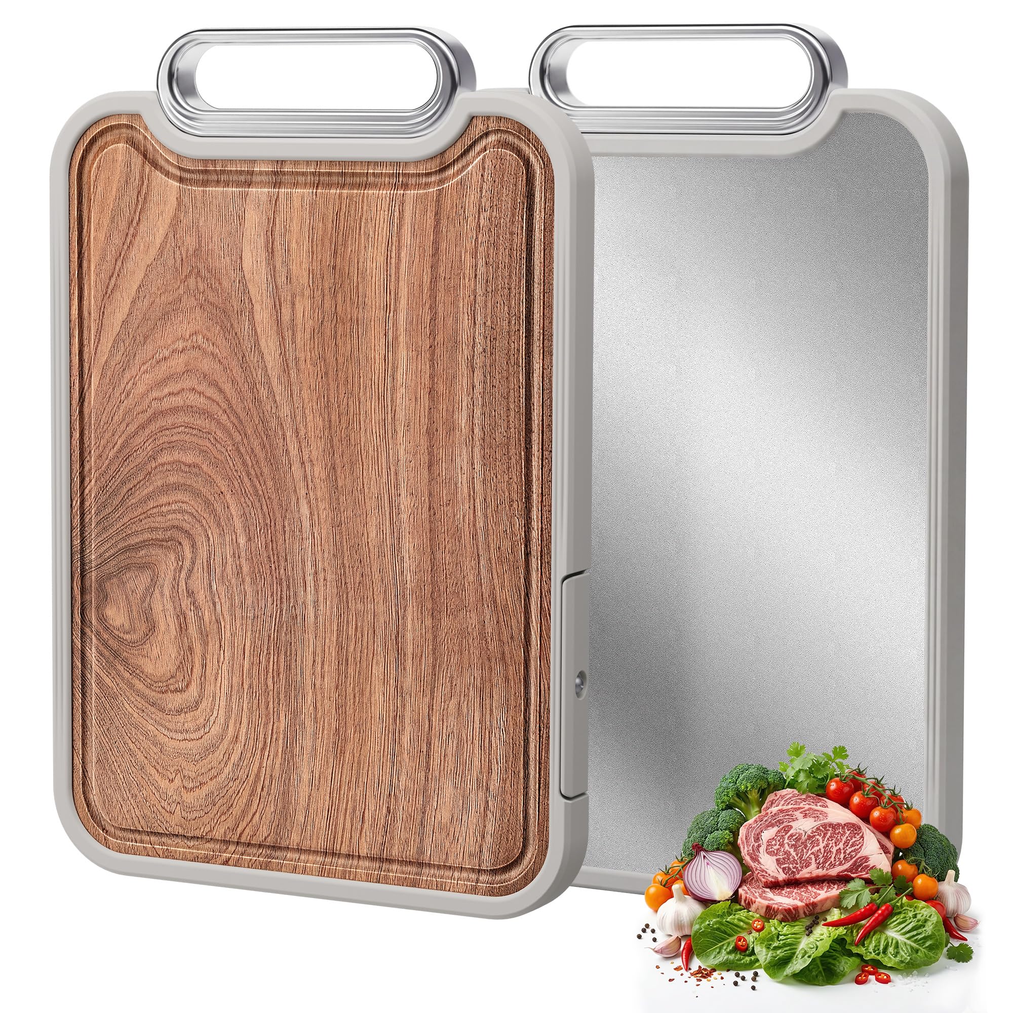 ROTTOGOON Chopping Board Wood & Stainless Steel 2 in 1 Double-Sided Chopping Board with Juice Groove Non-Slip for Kitchen Meat Vegetables Fruit Equipped with Handles and Holders Easy to Store