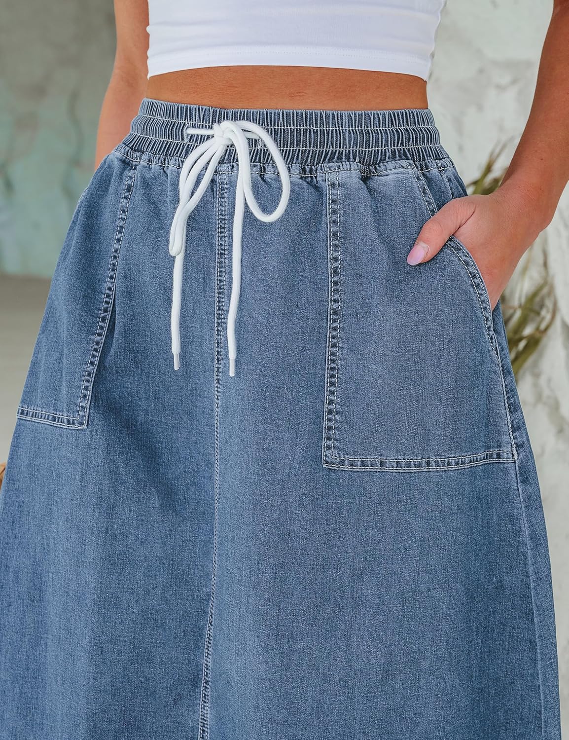 luvamia Denim Skirts for Women Trendy A Line Long Maxi Pull On Elastic Waist Drawstring Stretchy Jean Skirt with Pockets - Image 3