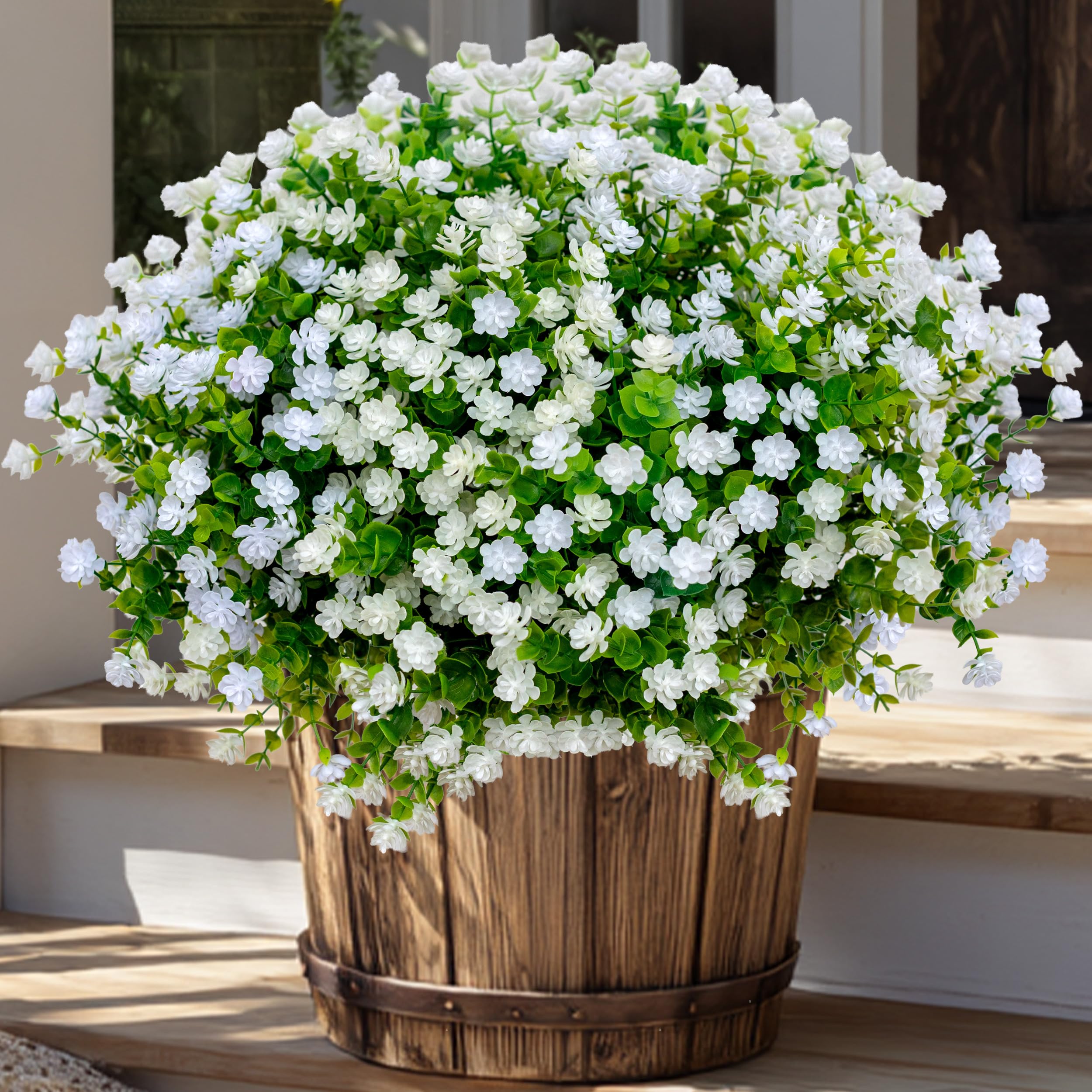 AXYLEX Artificial Flowers for Outdoors Fake Plants - 12 Bundles Faux Outside Greenery Boxwood No Fade Plastic Shrubs Fall Decor Farmhouse Home Garden (White)