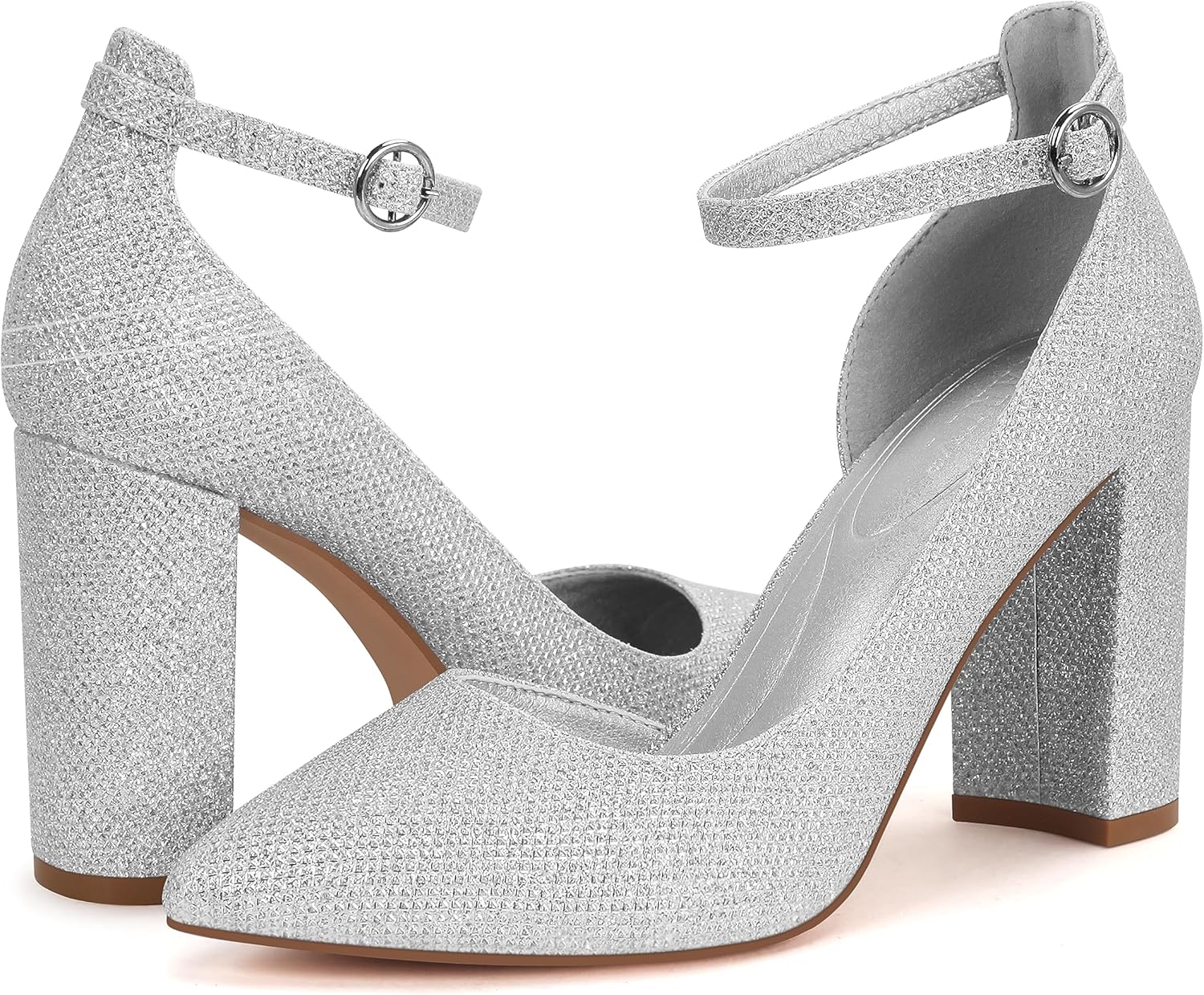 Silver Glitter Faux Leather High Heel Ankle Strap Pumps