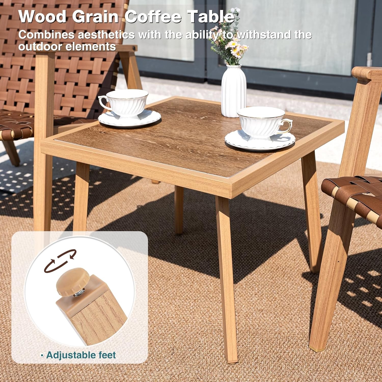 3 Piece Patio Bistro Set with Coffee Table Wood Grain Armrest Outdoor Conversation Chair Sets for Backyard Porch Balcony Poolside Garden
