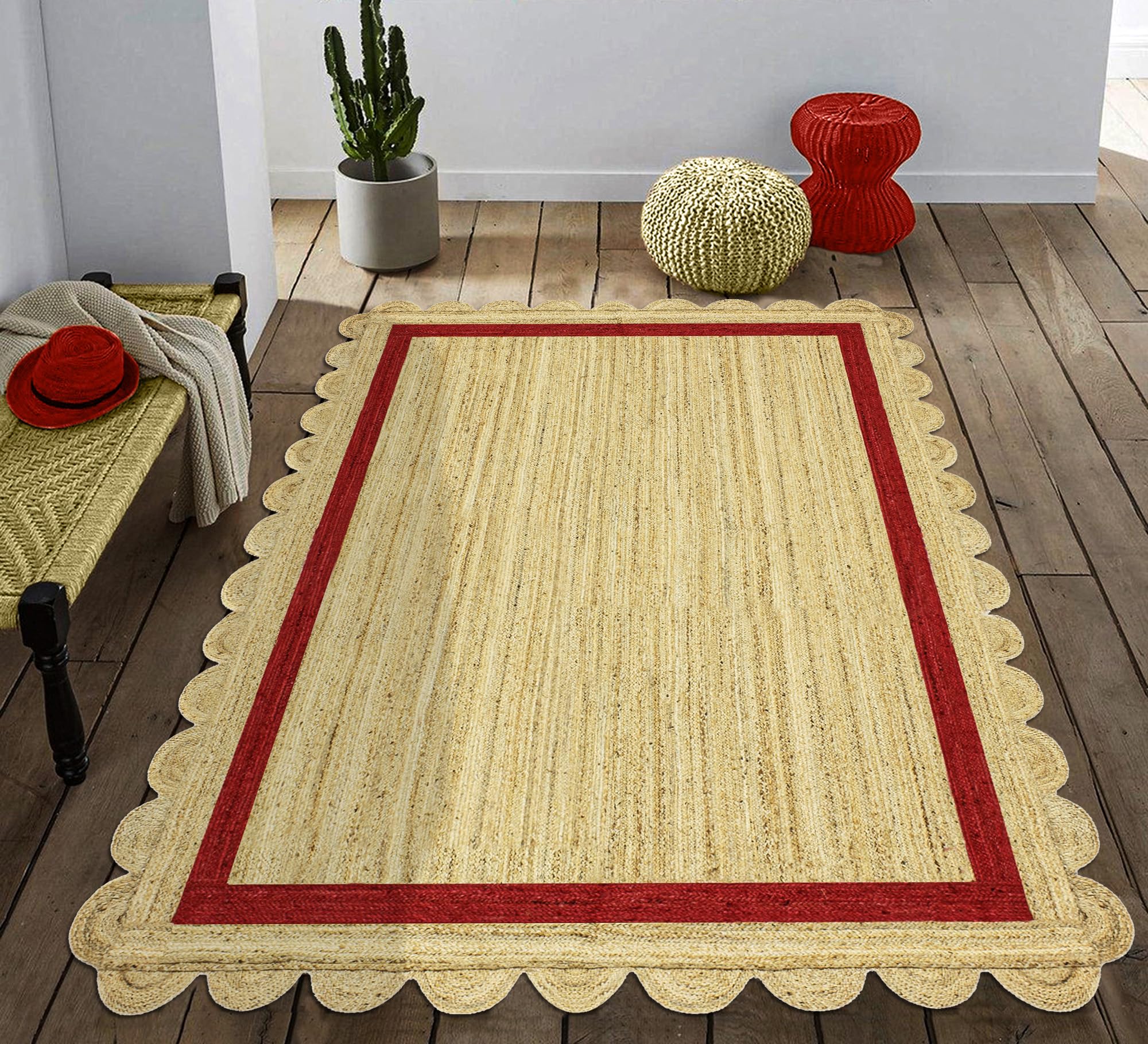 Quadratischer Teppich – 4 x 4 geflochtene Jute, Rot und Beige, geometrisch, 0,19 Zoll dick, gewellt, für den Innen- und Außenbereich, Jute-Flachgewebe-Teppiche für Küche, Fußmatte, Schlafzimmer