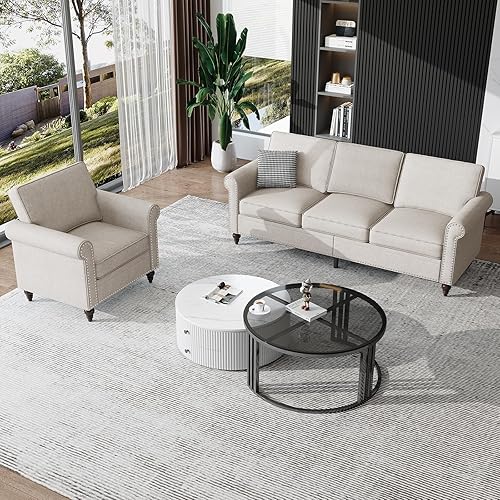 Miniatura 13 de Juego de sofás de 3 piezas, moderno sofá de 3 plazas y sofá biplaza y sillón, tela de lino de 3 asientos + sofá de 2 asientos+ juegos de muebles de