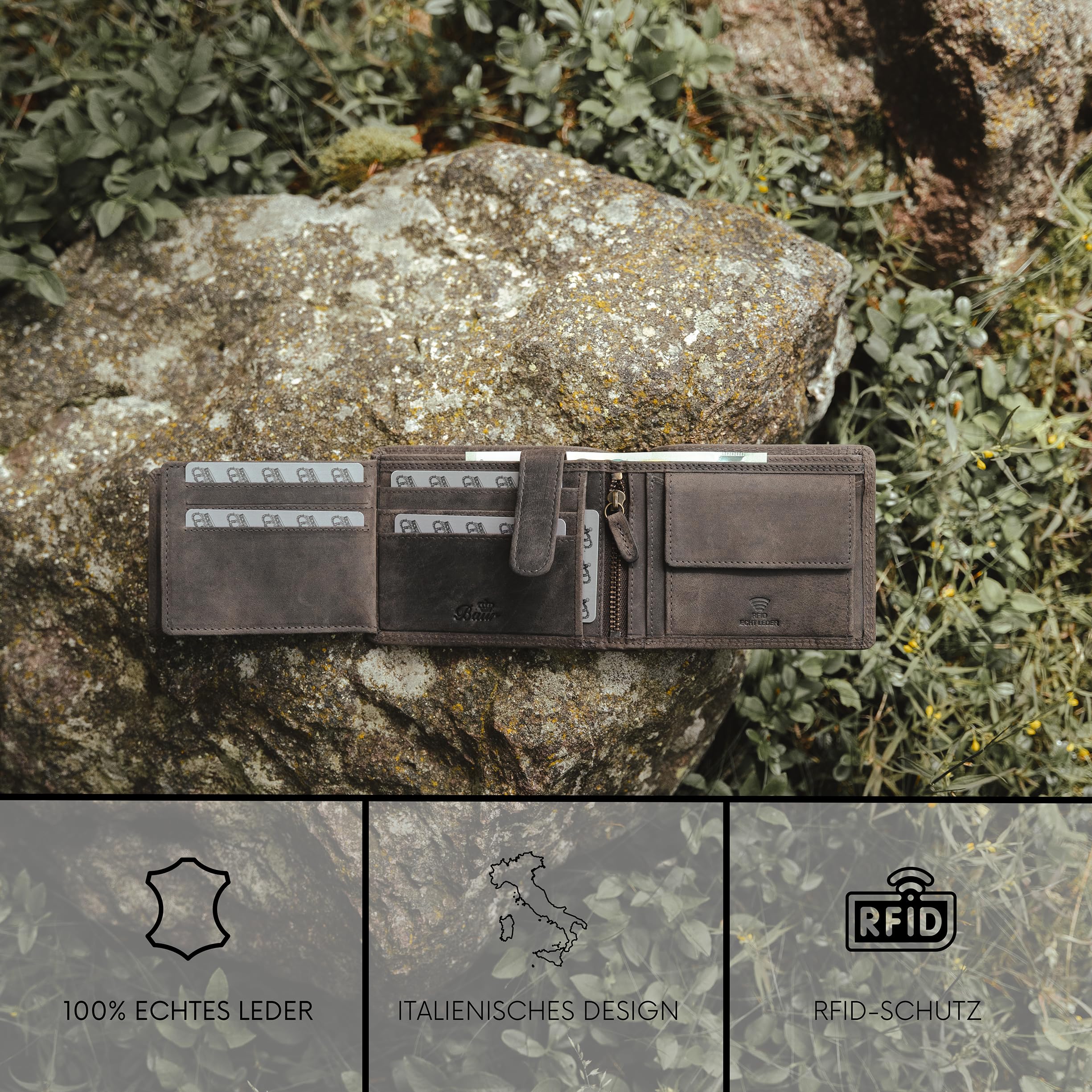 Baur - Cartera de piel de búfalo auténtica para hombre, con protección RFID, formato horizontal, con compartimento para monedas, con muchos compartimentos para tarjetas, gris, 12,5x9,5x2, Formato
