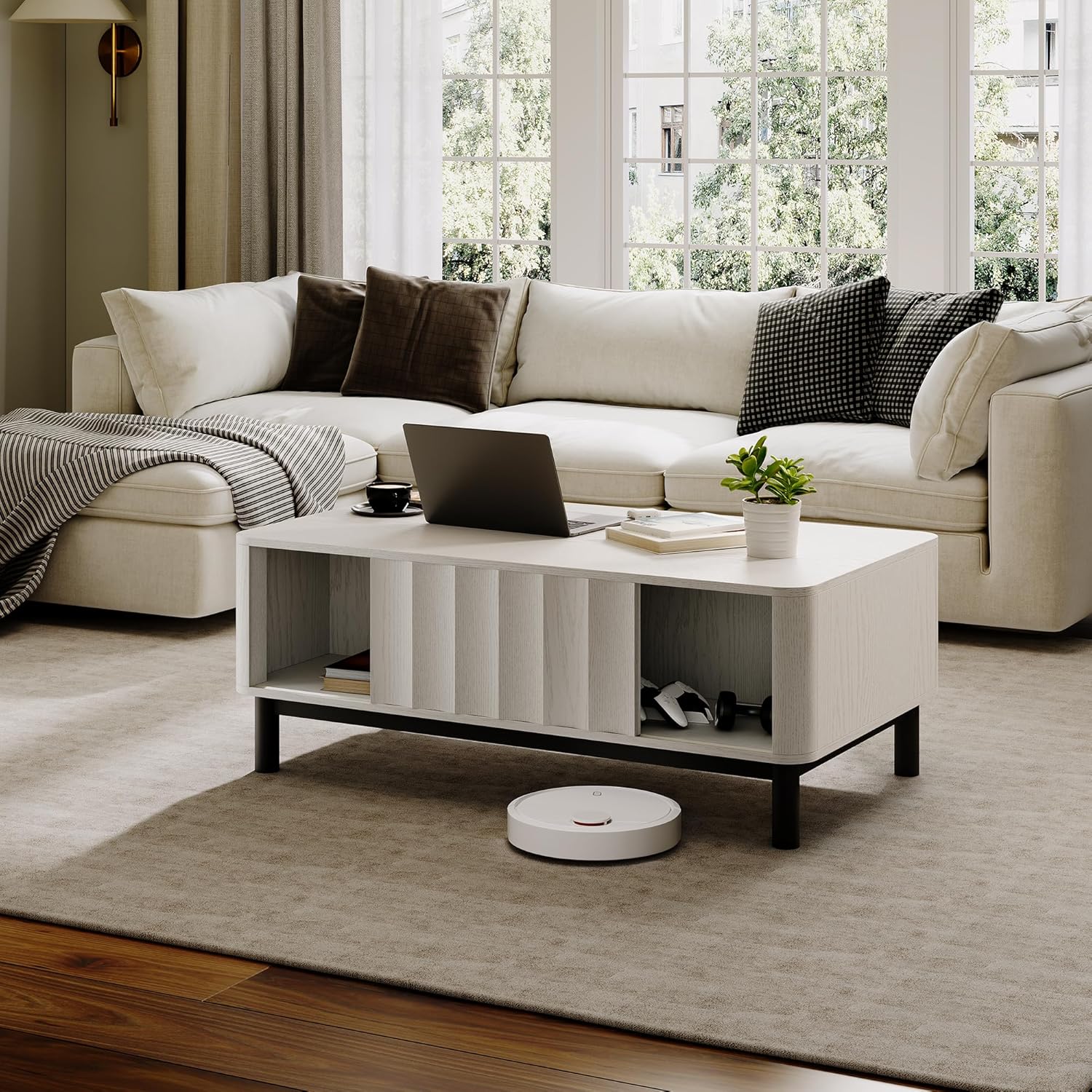 Mid Century Modern Coffee Table, Desert-Inspired Design Fluted Wood MCM Center Tables for Living Room Bedroom with 4 Storage Compartments 2 Sliding Doors, Metal Legs, Anti-Slip Pads, White