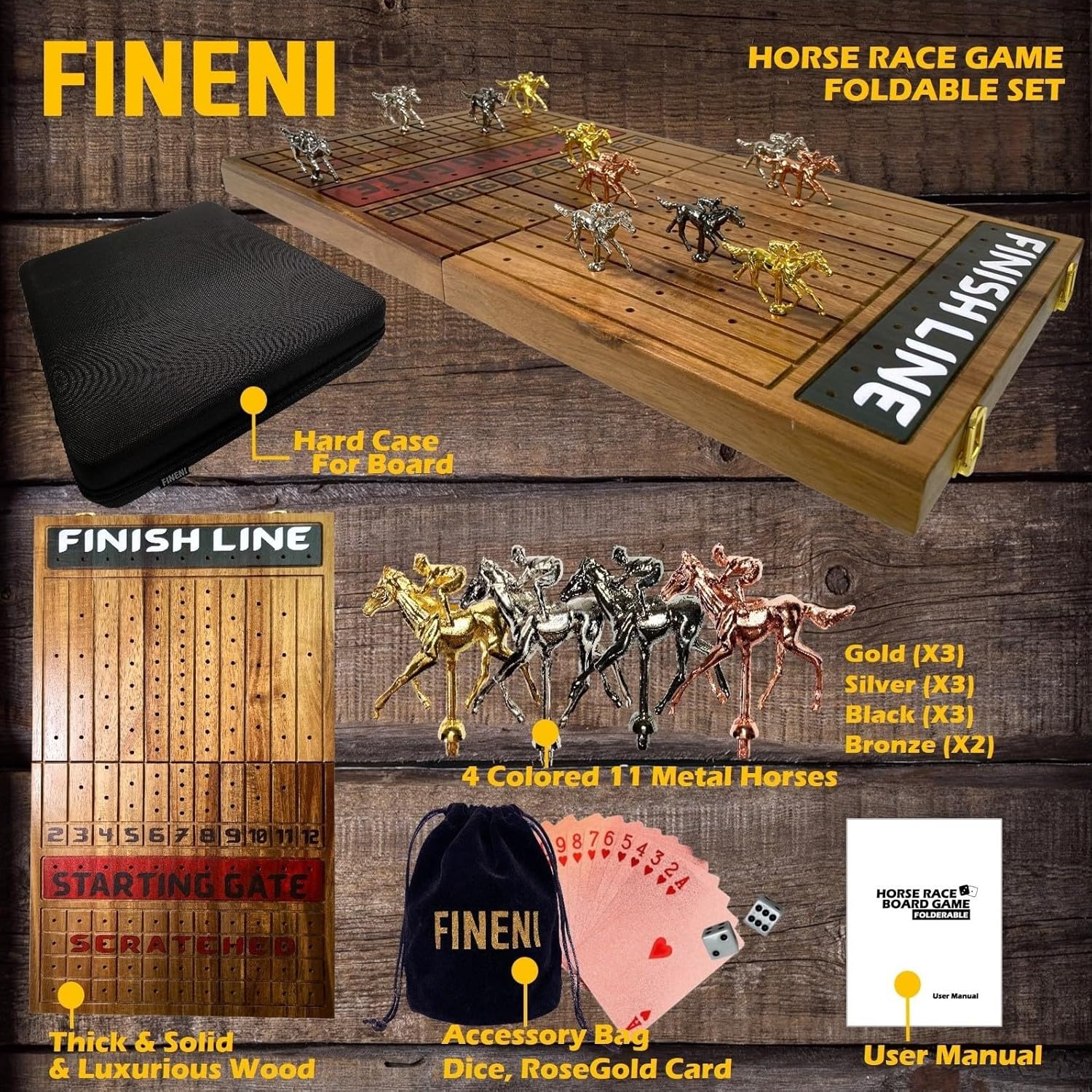 Horse Racing Game for Adults - Foldable Board Game With 11 Luxurious Metal Horses (Gold, Silver, Black, RoseGold) - 22" Acacia Wood Race Game Board, Dice & RoseGold Card
