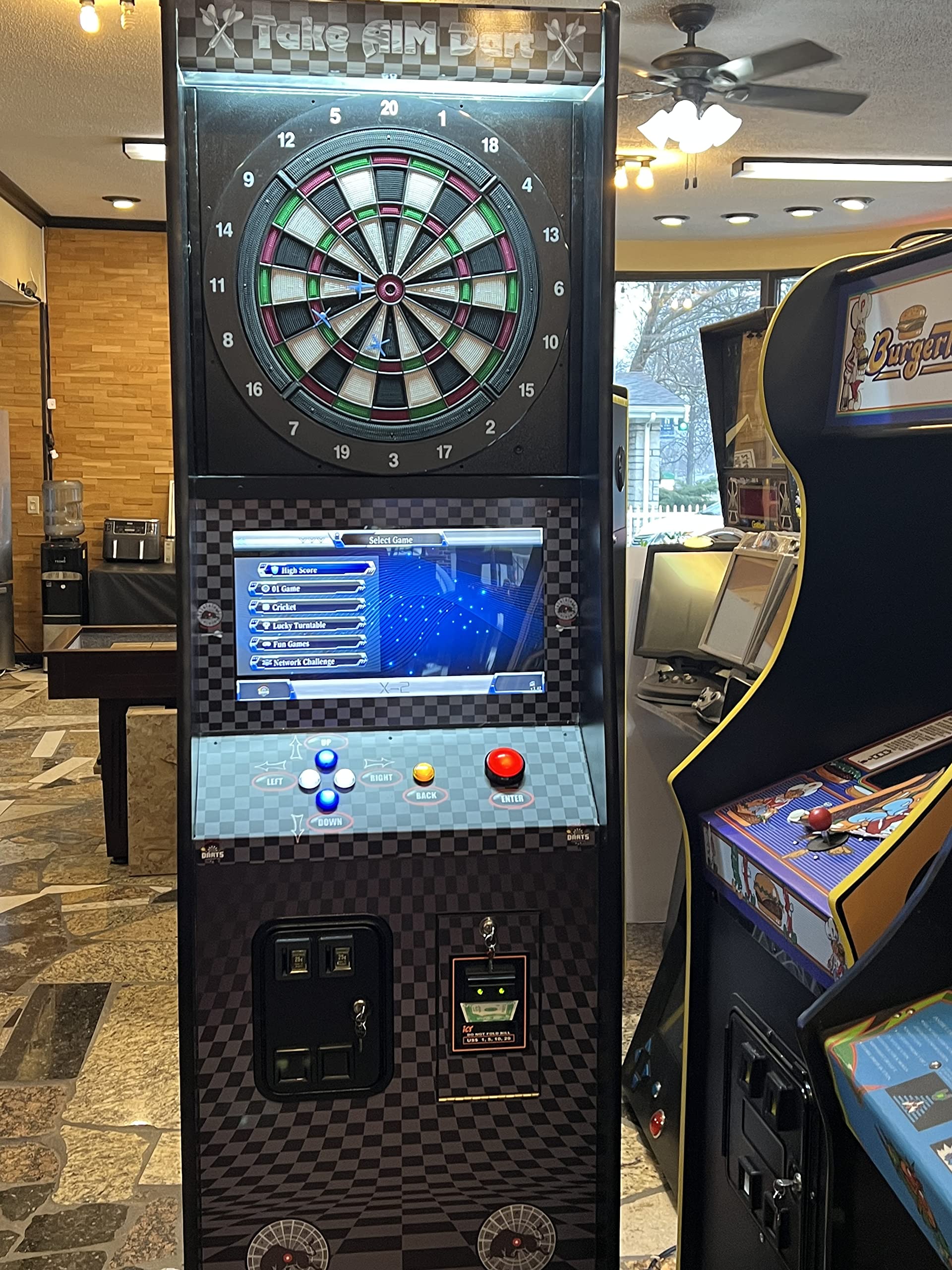 Heavy Duty Commercial Grade Coin Operated Take Aim Dart Board with Dollar Bill Acceptor (Checker Black and Gray)