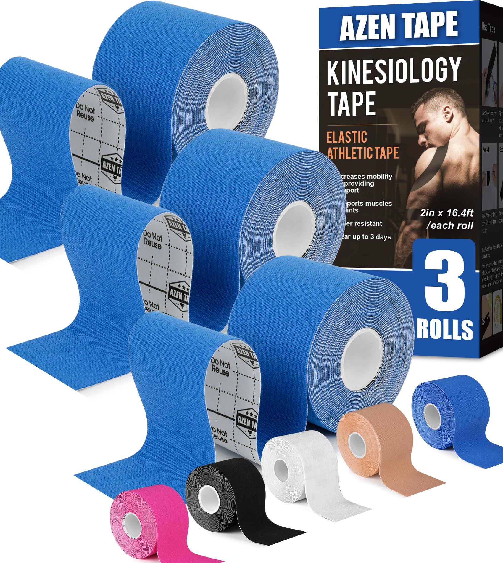 AZEN 3 rollos de cinta de kinesiología, cinta cinética impermeable de 16.4 pies para apoyo de articulaciones y alivio del dolor muscular, cinta de rodilla, cinta muscular sin cortar, cinta atlética,