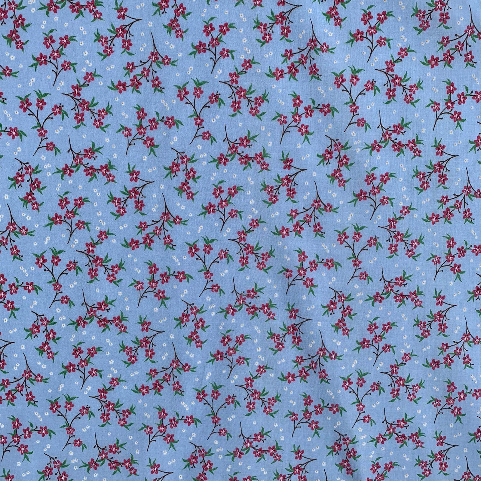 Floral Twigs Blue Design Novelty Poly Cotton Printed Dress Craft Fancy Dress Fabric Material | 45" - 112 cm | Sold Per Half Metre