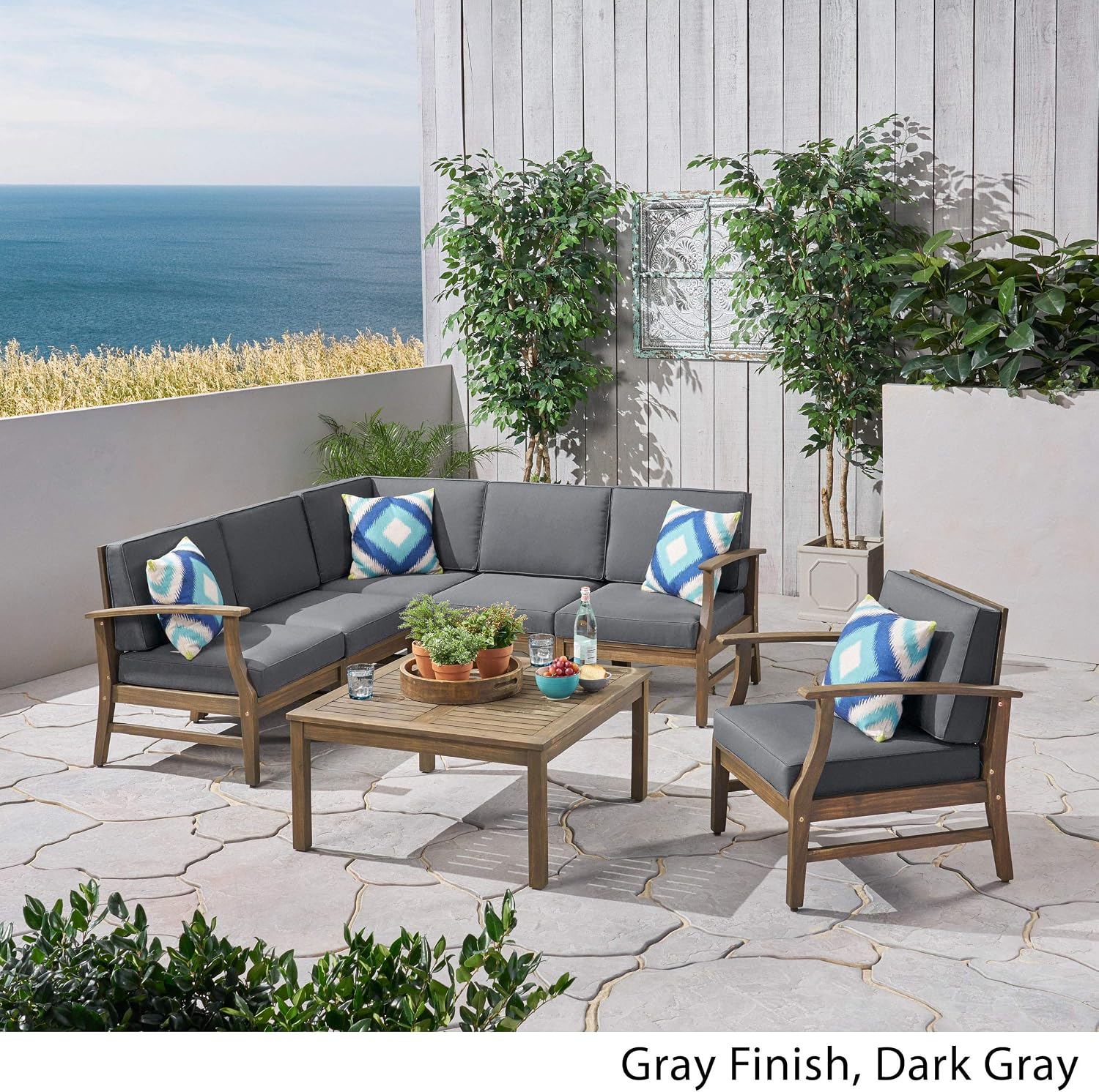GDFStudio Outdoor 7 Piece Acacia Wood Sectional Sofa and Club Chair Set, Gray and Dark Gray