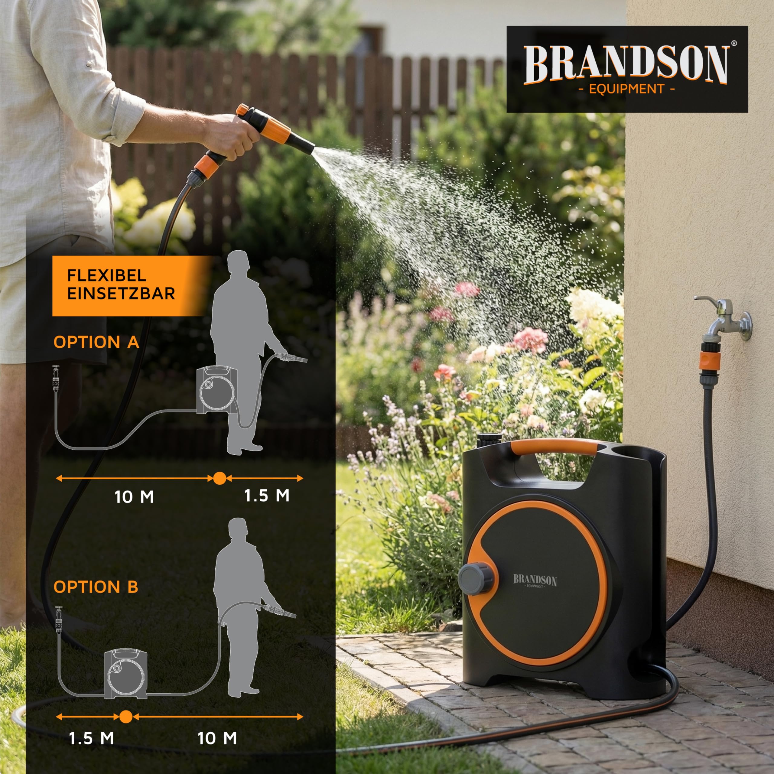 Brandson - Schlauchbox 10 + 1,5 m - Gartenschlauch Trommel 3/4 Zoll - Schlauchaufroller - 10 Meter Schlauch – 11 mm Schlauchdurchmesser – Schnellkupplung ½ Zoll – Schlauchtrommel für Garten Terrasse