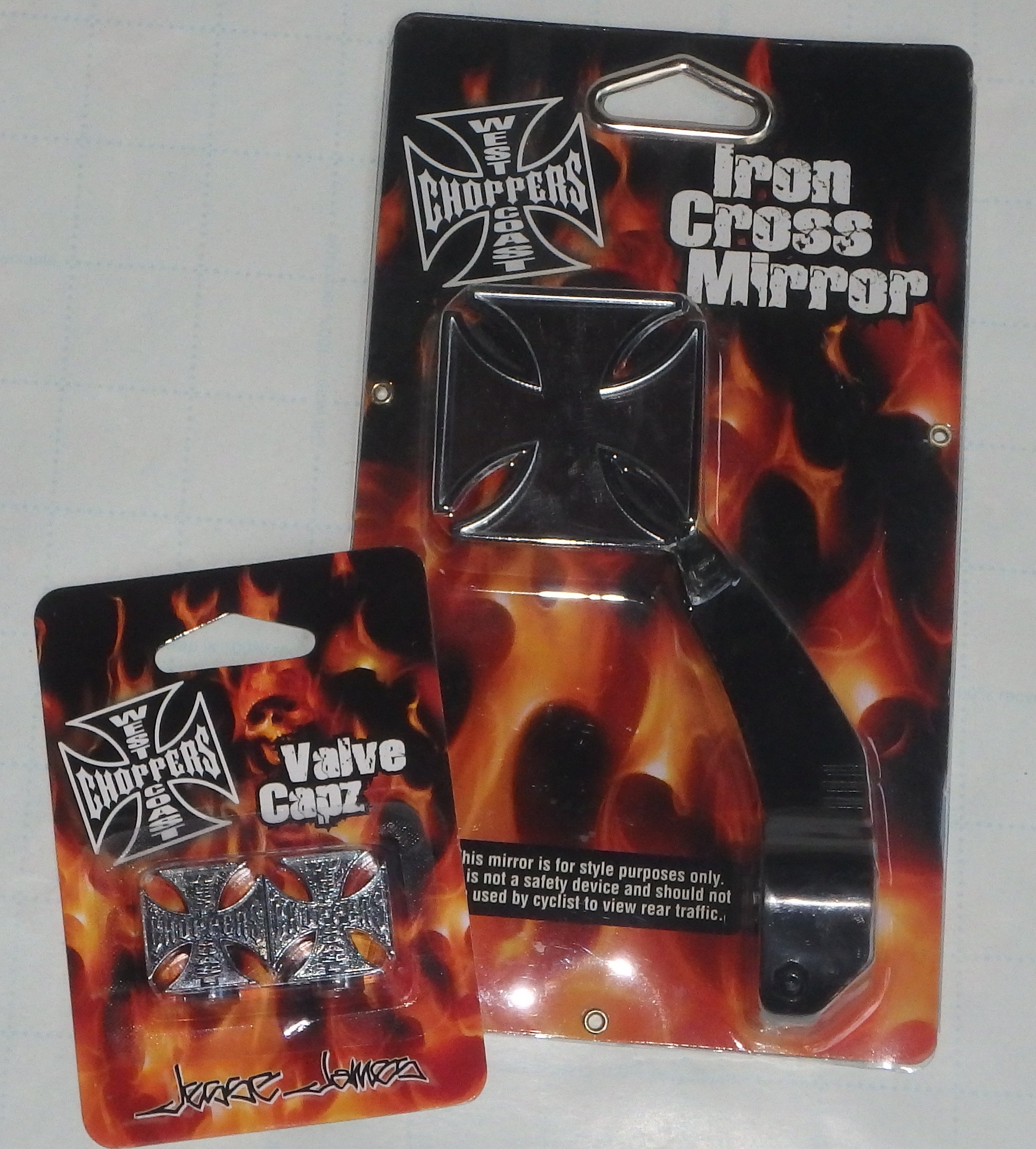 West Coast Choppers Chrome Iron Cross Bundle: Bike Mirror & Chrome Valve Capz 3pc