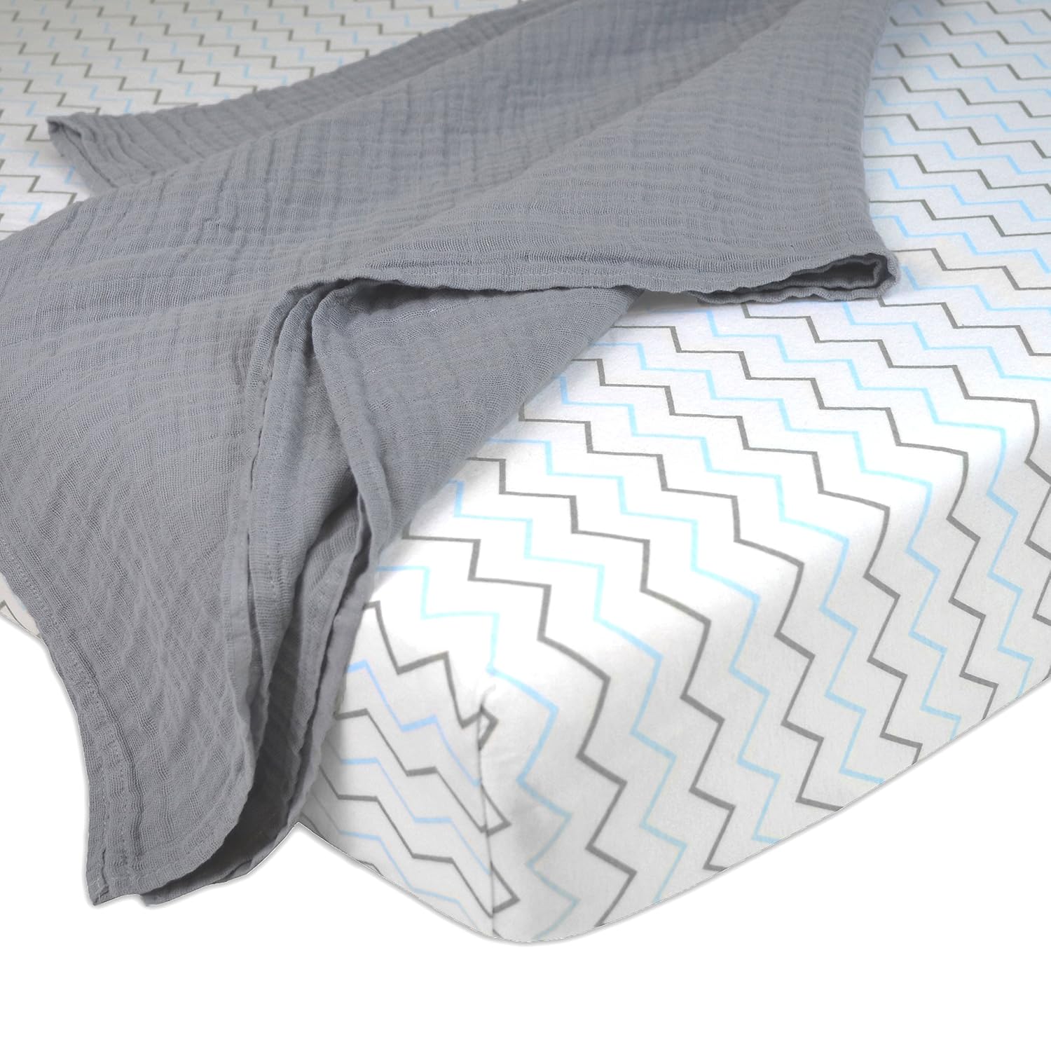 American Baby Company New Baby Welcome Kit with Muslin Cotton Swaddle Blanket and Fitted Portable/Mini-Crib Sheet, Blue Chevron and Solid Grey, for Boys and Girls
