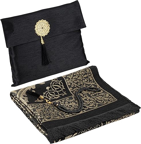 Modefa Juego de regalo de alfombrilla de oración islámica  Janamaz Sajadah de viaje delgada en bolsa de regalo de tafetán con cuentas de oración