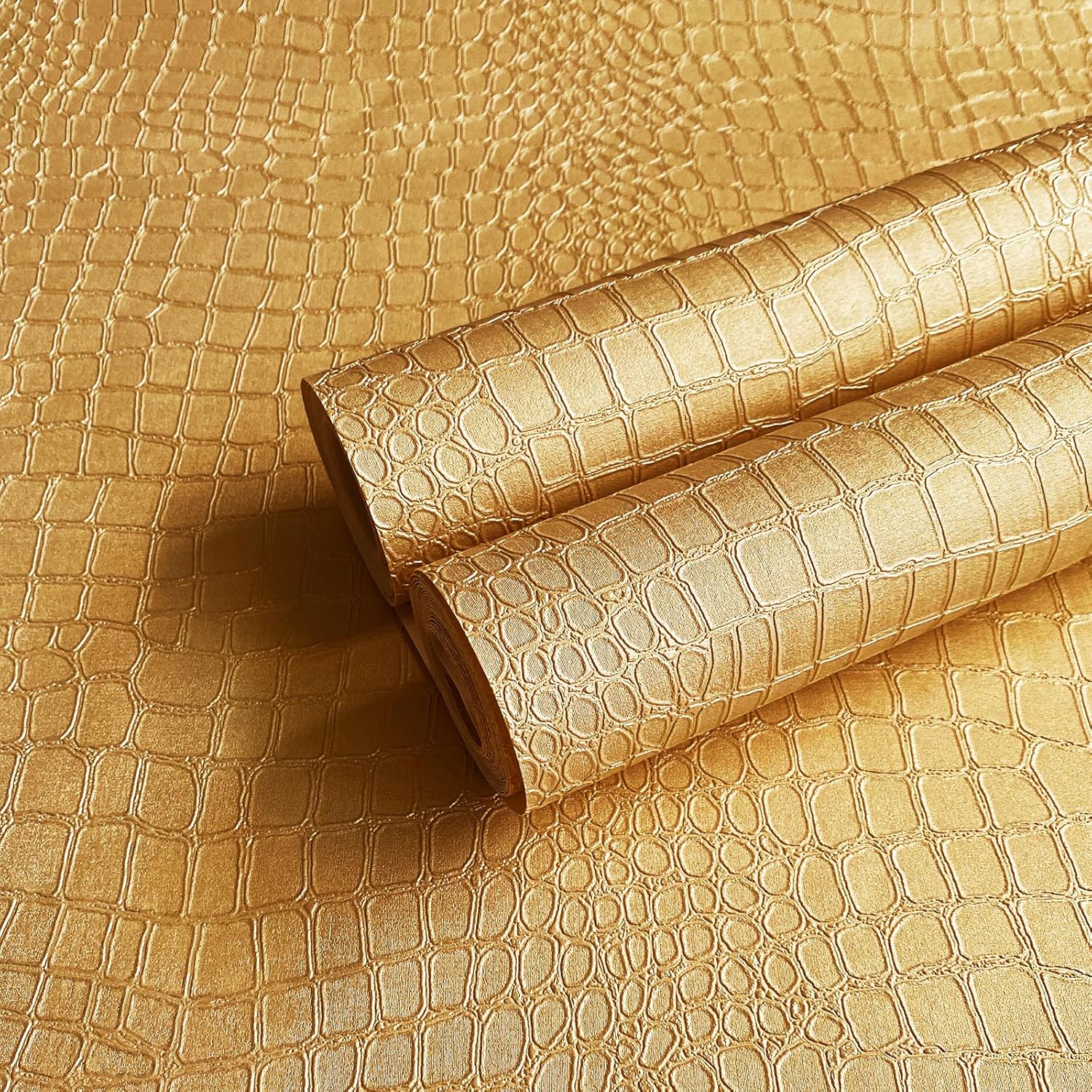 Zeeko Crocodile Wallpaper Gold Non-Pasted Wallpaper 17.7'' x 472.5'' Crocodile Textured Wall Paper 3D Golden Waterproof Luxury Traditional Removable Wall Paper