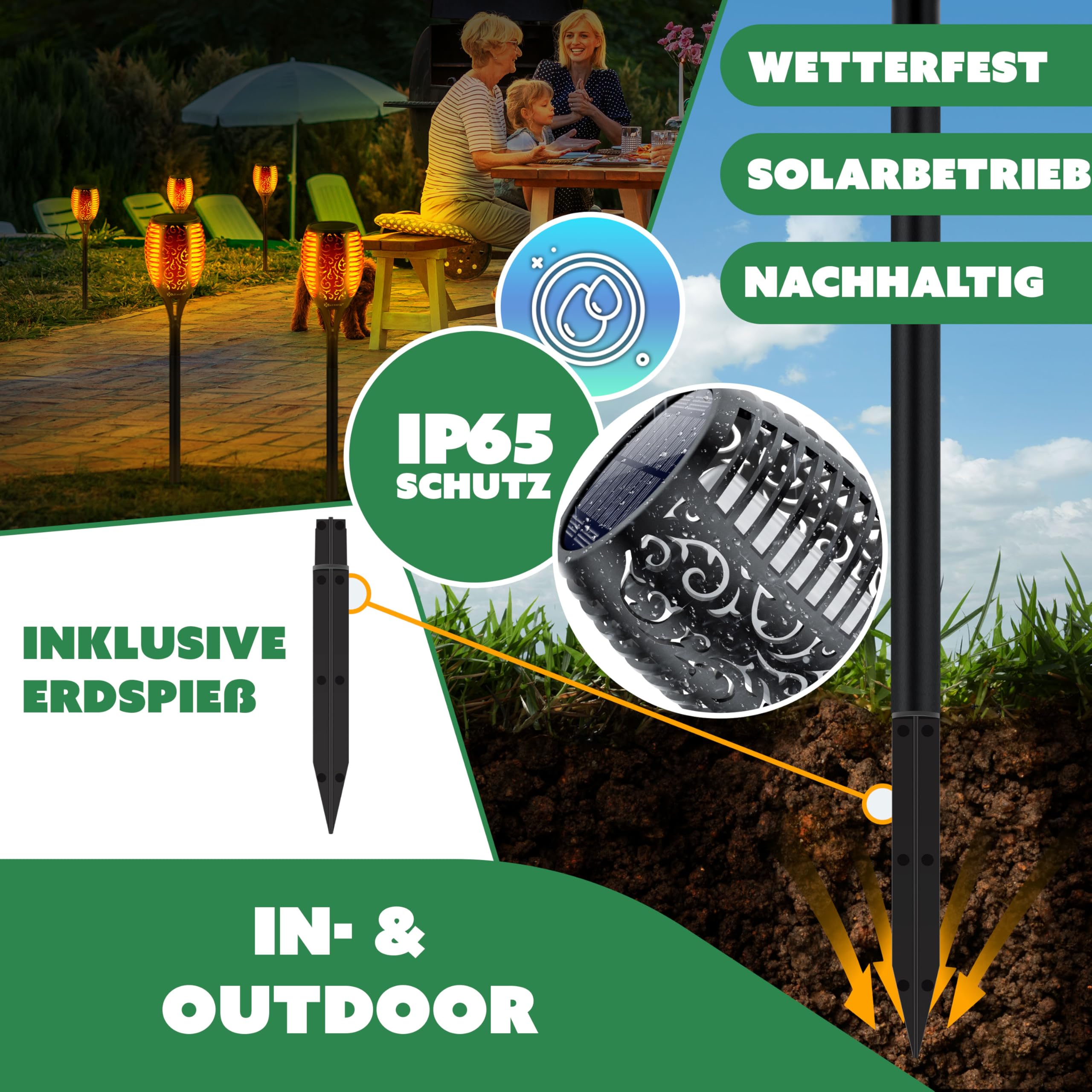 KESSER® Gartenfackel Solar 12er Set Solarleuchten 12 LEDs Flamme mit Wandhalterung + Erdspieß Licht-Sensor Wetterfest Garten Solarleuchte Fackel Lichter LED Gartenlampe Solarlampe Flammenlicht