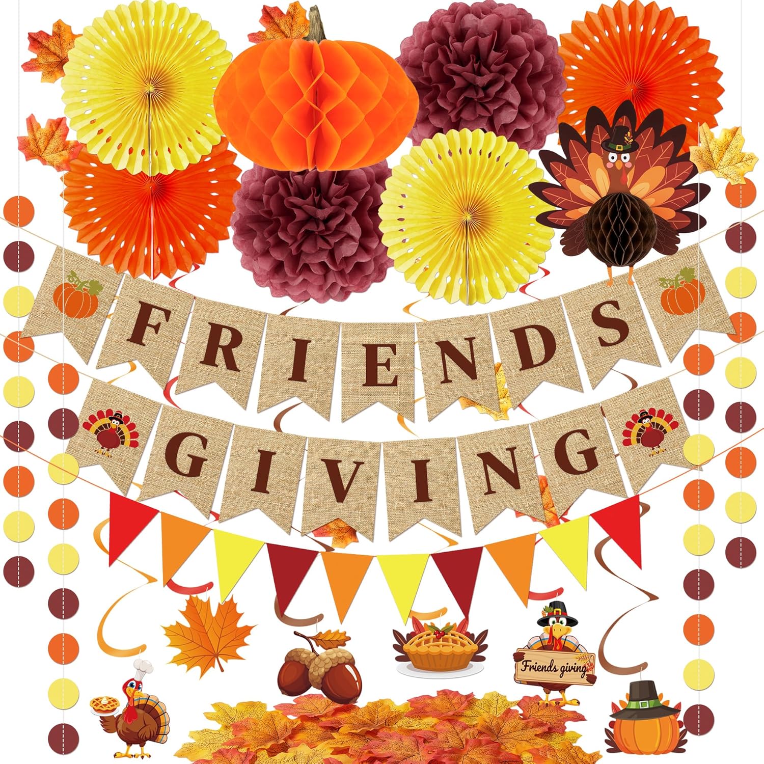 16 PCS Friendsgiving Decorations Kit, Fall Thanksgiving Party Supplies with Pumpkin & Turkey Honeycomb, Maple Leaves, Spiral Swirls, Rustic Banner & Hanging Fans for Friends Gathering Turkey Friendsgiving