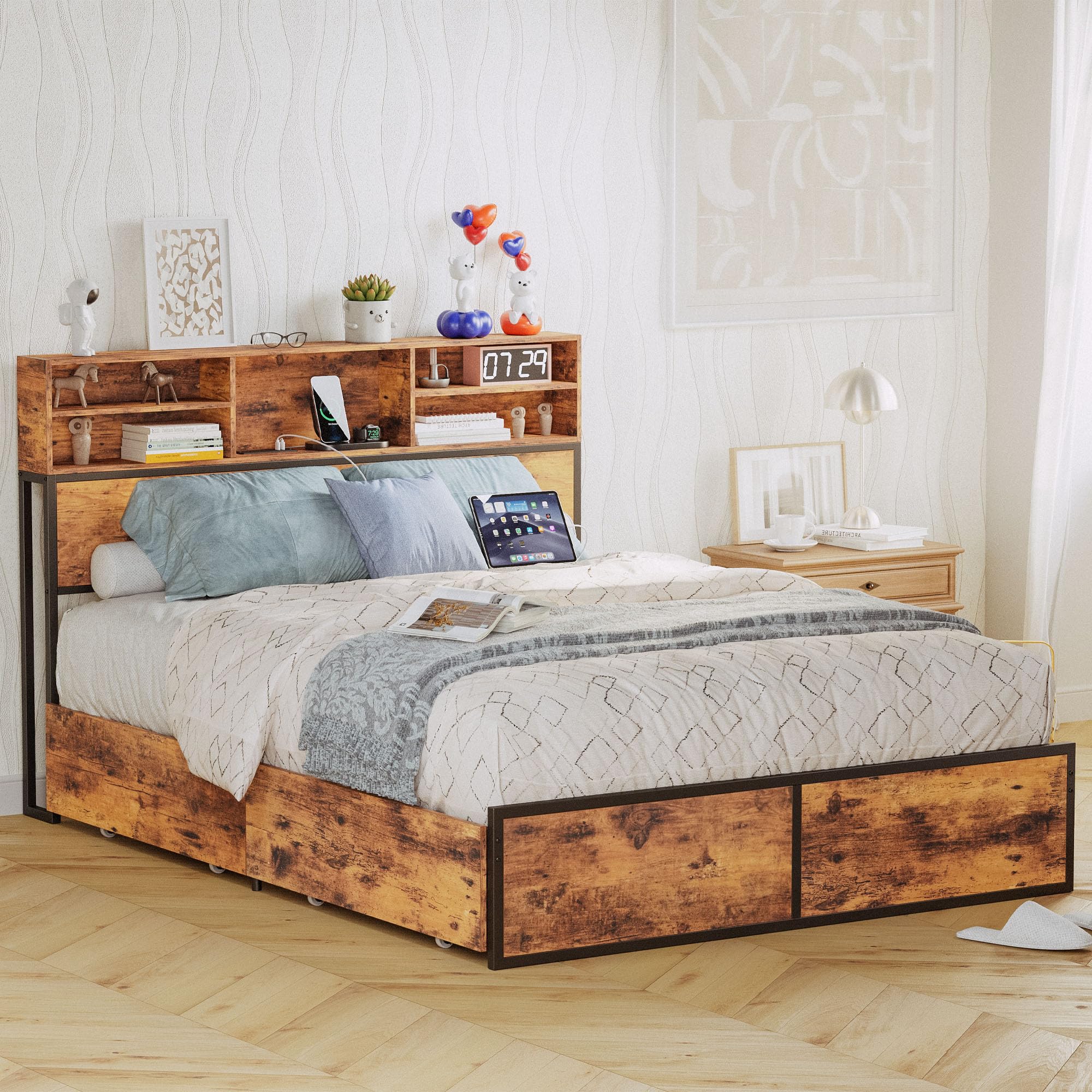 LIKIMIO Queen Bed Frame with 4 Storage Drawers & Bookcase Headboard & Charging Station, Sturdy and No Noise Platform Bed, No Box Spring Needed, Easy Assembly, Vintage Brown