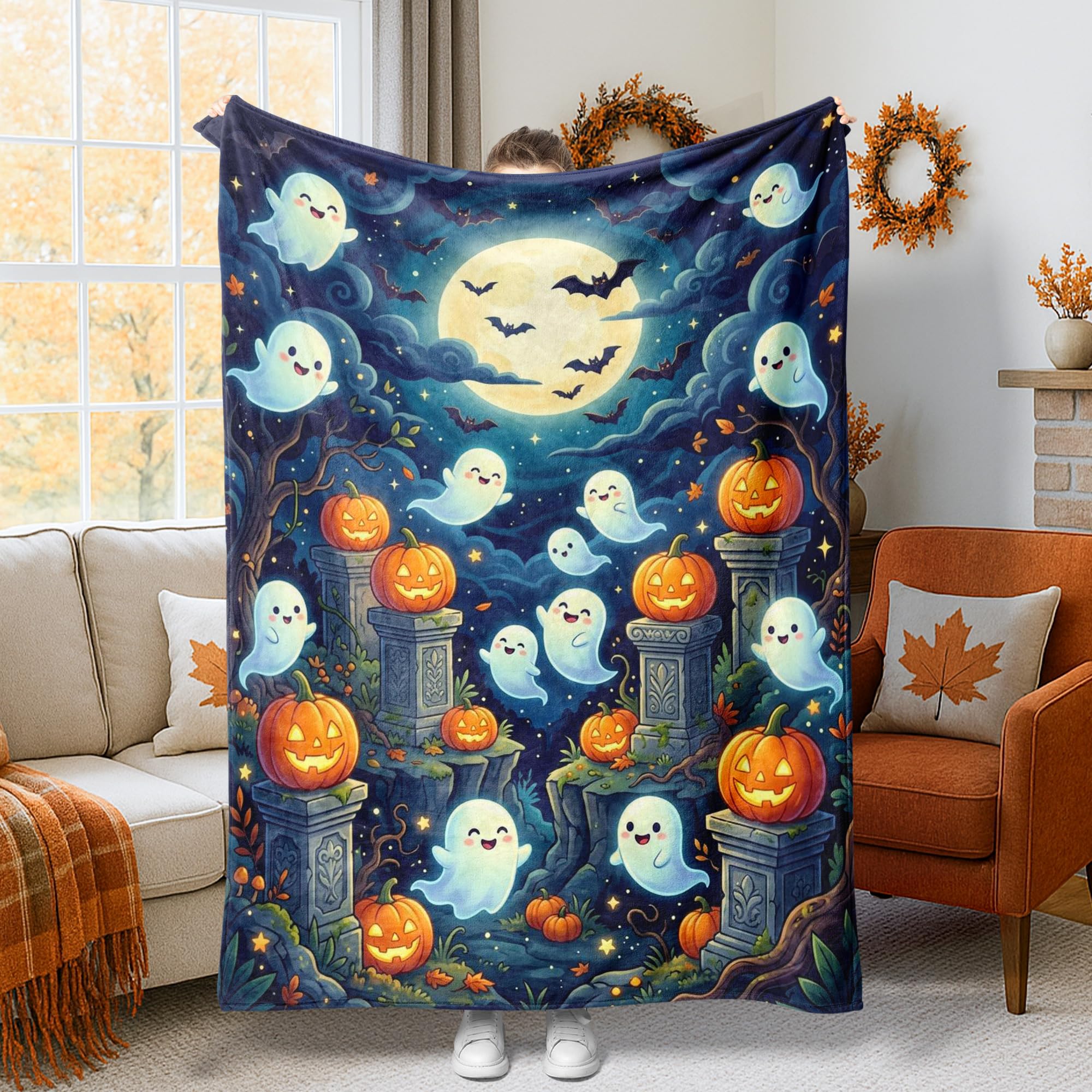 Manta de fantasma y calabazas Halloween azul oscuro de 60x80 pulgadas para sofá