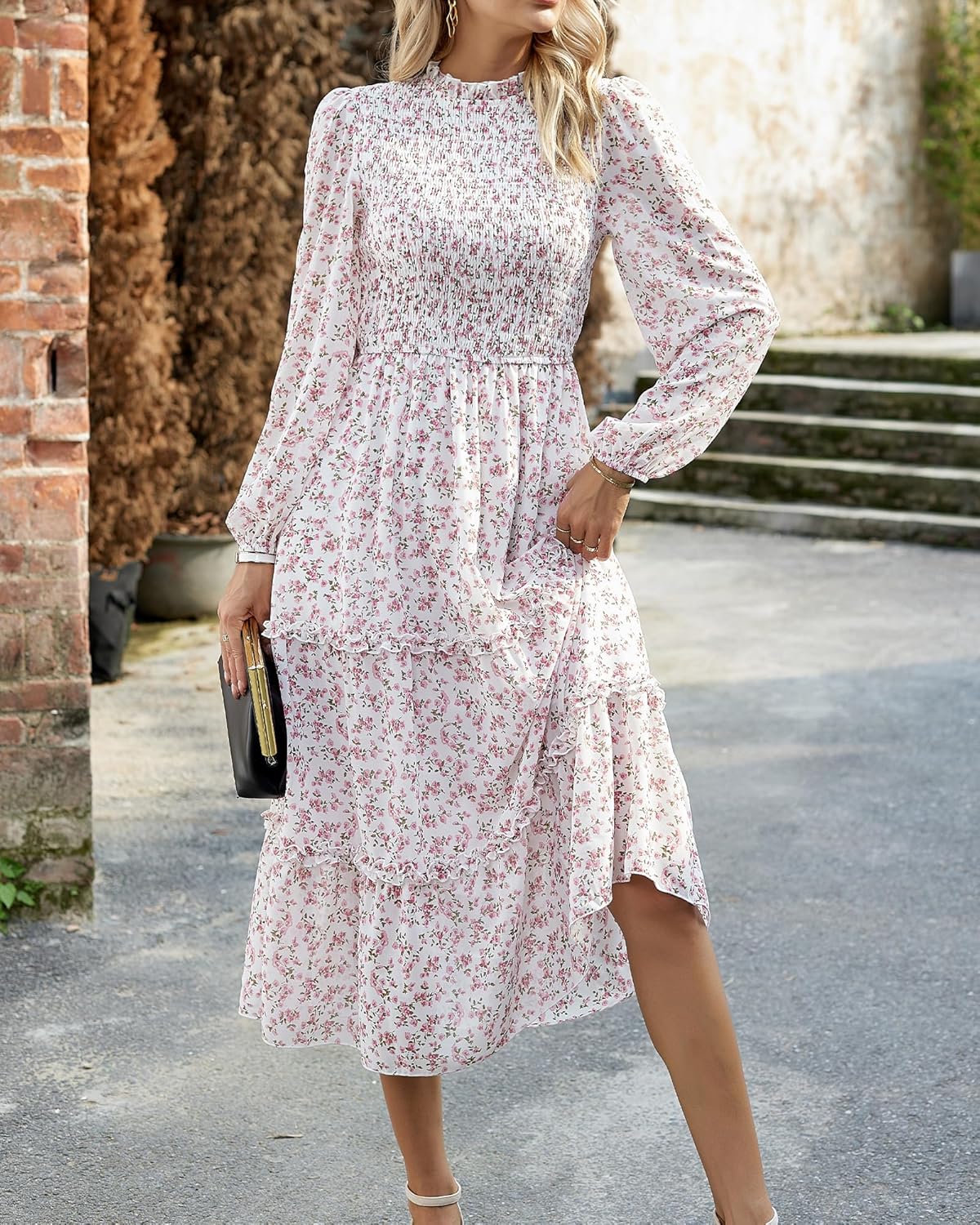 NOLLSOM Women 2026 Spring Dress Floral Boho Dress Casual Long Sleeve Crew Neck Ruffle A-Line Flowy Wedding Guest Maxi Dresses - Image 6