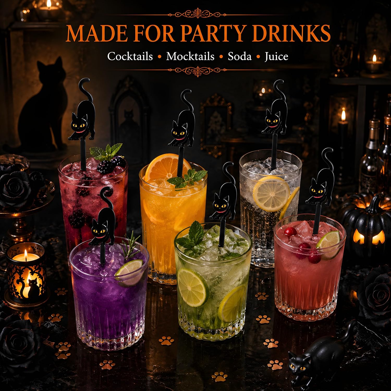 36 Pack Halloween Black Cat Swizzle Sticks, 7.1 Inch Cocktail Stirrers
