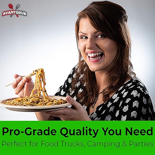 Vista 5 de Avant Grub Platos biodegradables de grado profesional de 10 pulgadas. Paquete de 100 unidades a granel ideal para almuerzos, cenas, comidas