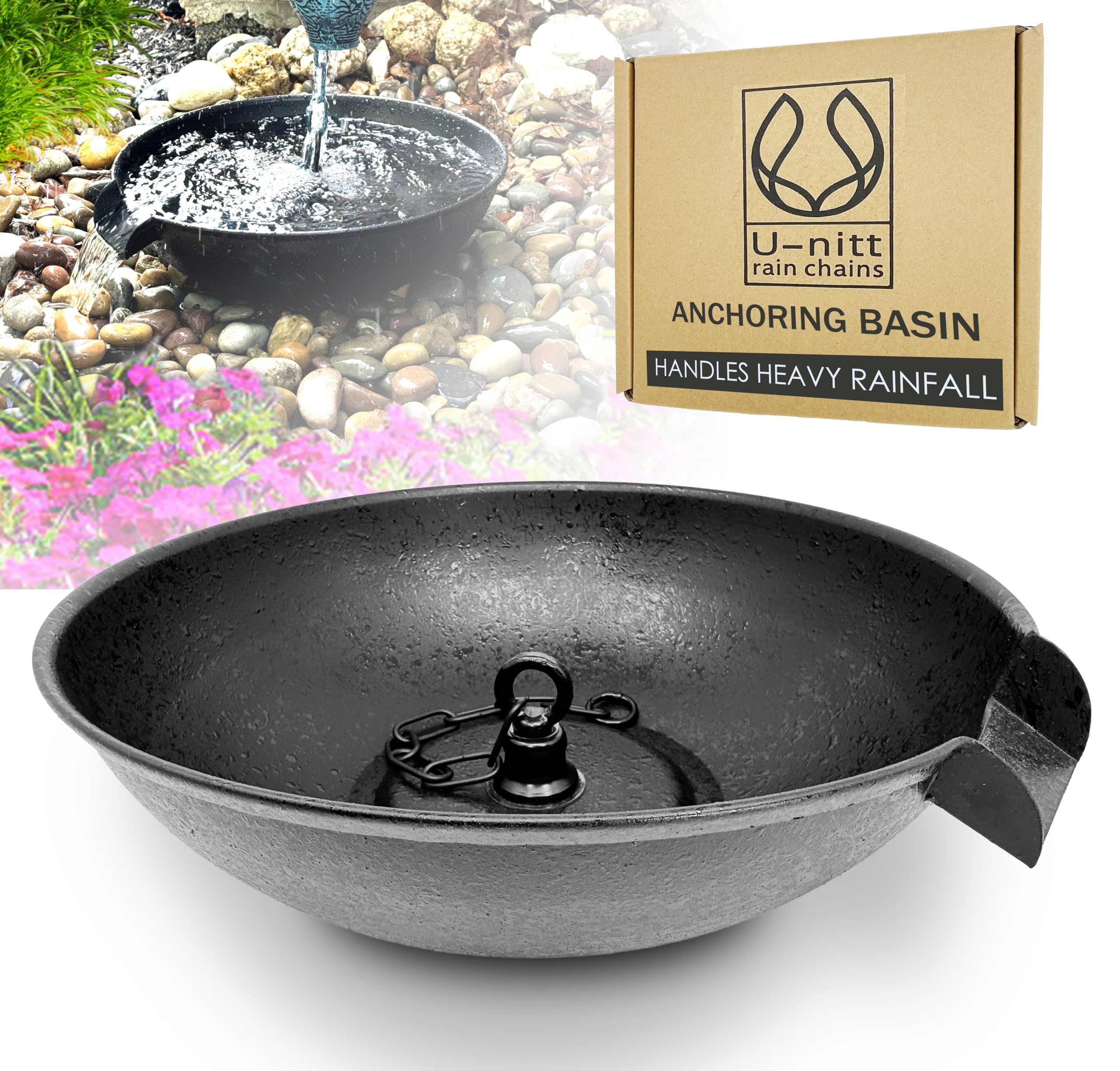 U-nitt 12" Spill Bowl Downspout Catch Basin for Rain Chain Anchoring & Stake | Rainwater Collection for Roof |Gutter Catch Basin | Good for Water Fountain & Birdbath | Black | Handles Heavy Rain