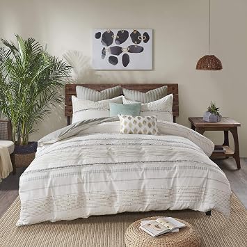 INK+IVY Nea 100% Cotton Duvet Set Mid Century Modern Design, All Season Comforter Cover Bedding Set, Matching Shams, Full/Queen, Stripes Teasel Ivory 3 Piece