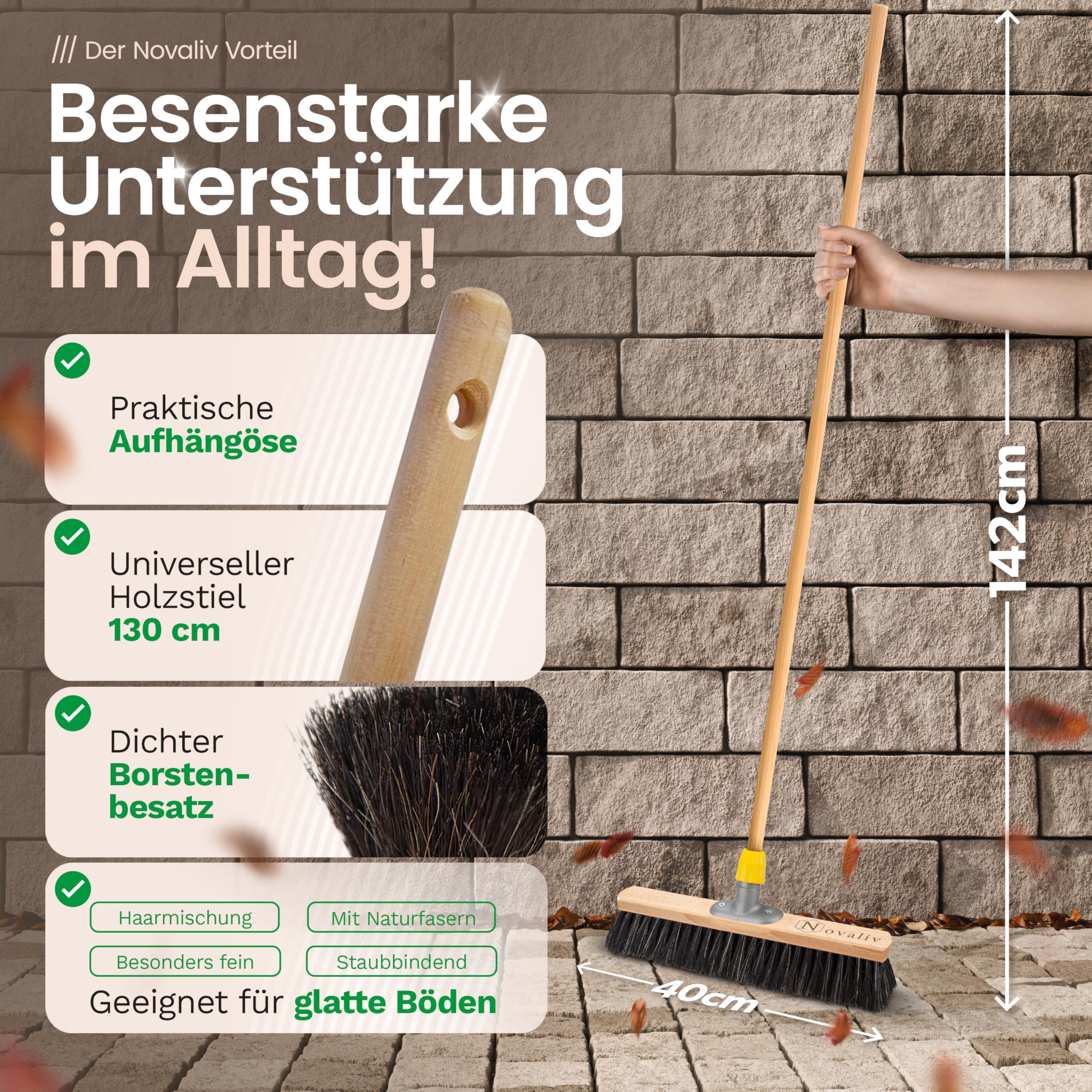 Novaliv 4X Besen Rosshaar Mischung 40 cm I Besen mit Holzstiel I Saalbesen weiche Borsten I Kehrbesen Zimmerbesen Stubenbesen