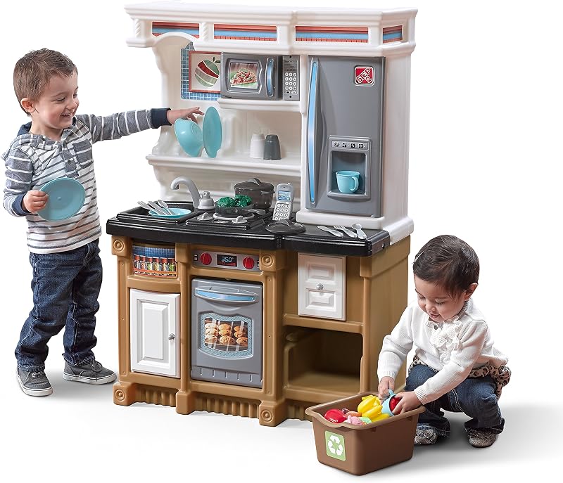 Lifestyle Custom Kids Kitchen Playset, Cocina pequeña interior/exterior, Juego interactivo con luces y sonidos, Hecho de plástico duradero, Accesorios de juguete de 20 piezas, Niños pequeños de 2años o más, Bronceado