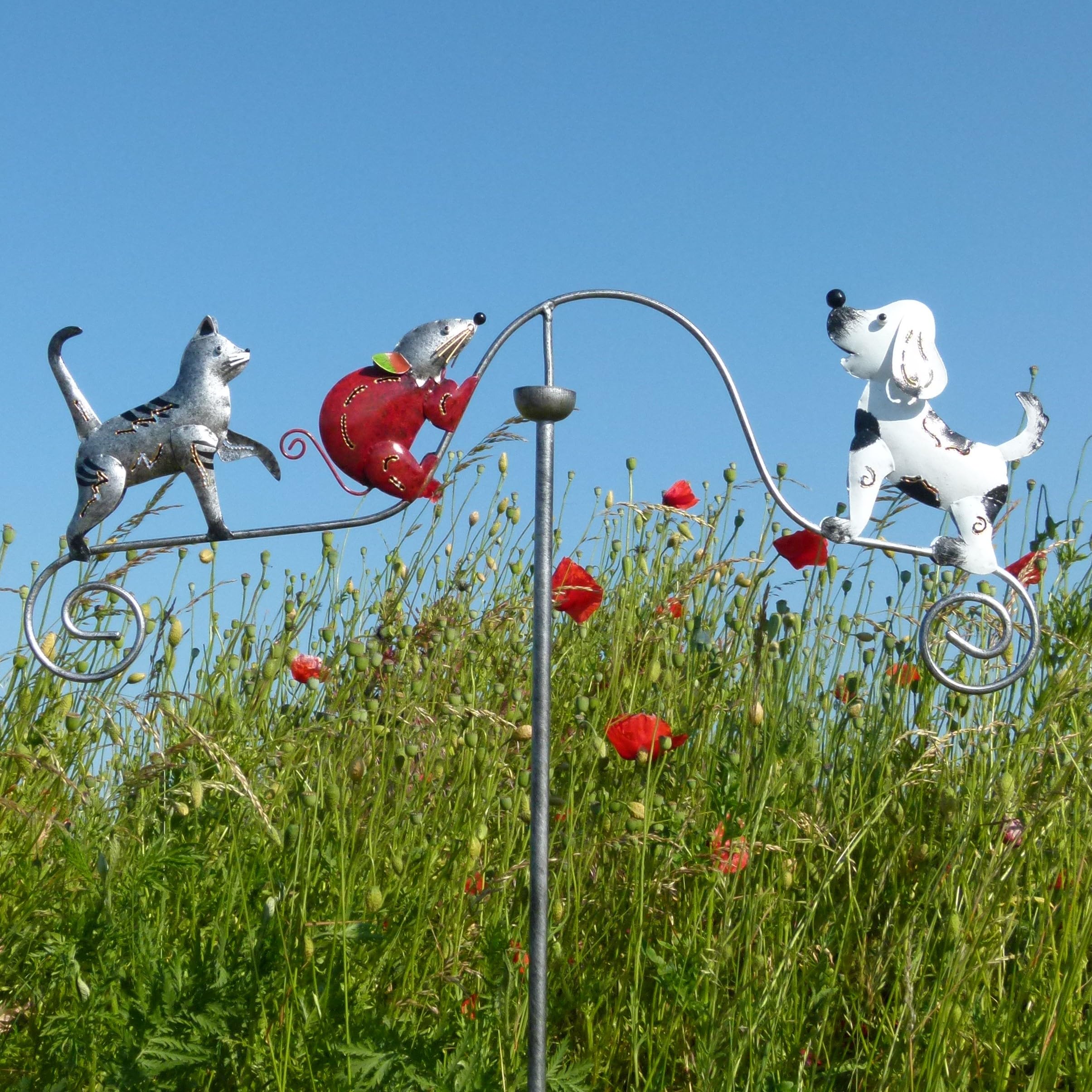 Pommerntraum ®| Windspiel Metallwindspiel Hund Katze Maus Gartenstecker | Gartendeko Balkondeko Gartenkunst Gartenpendel Hund Katze Maus Hundedeko Katzendeko Mäusefigur Tierfigur (HUND KATZE MAUS)