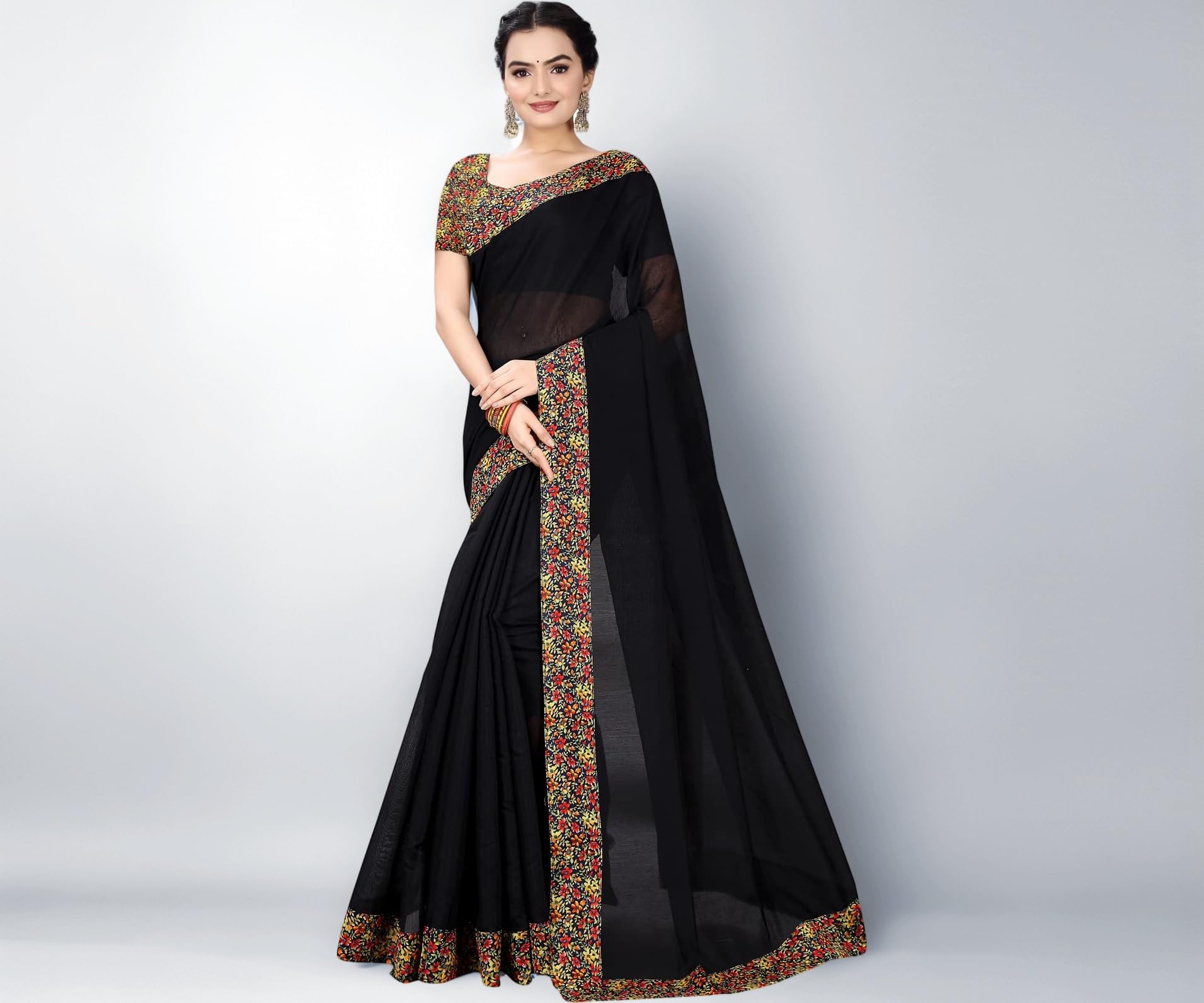 Manish Women's Chanderi Plain Lace Work Saree With Unstitched Blouse