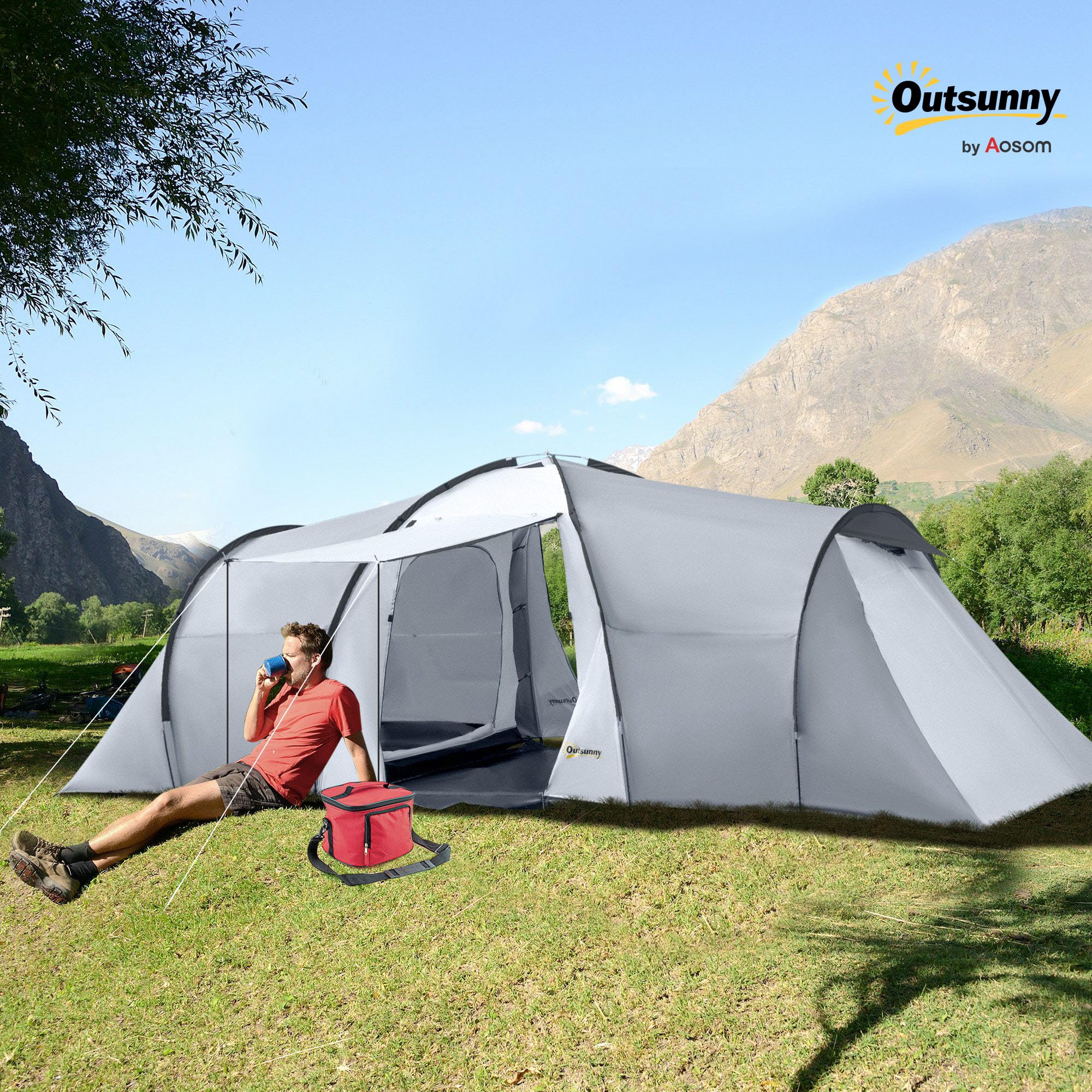 Outsunny Tente de Camping Familiale Dôme, 4-6 Personnes, Multicolore | 2 Chambres, 1 Séjour, Auvent Imperméable 2000 mm, Protection Anti-UV, Sac de Transport