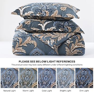 Quilta Cotton Comforter Cover King Size - Navy Vintage Damask Comforter Set with Floral Pattern, Ultra Soft Duvet Insert, Warm Comforters Bedding Set with 2 Pillowshams, Navy Blue/Brown