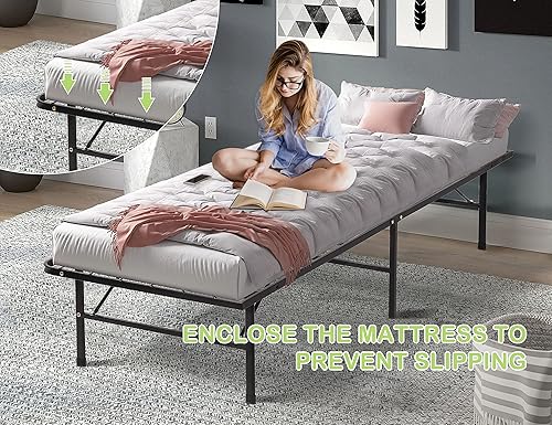 Miniatura 17 de Marco de cama de tamaño matrimonial de 14 pulgadas de alto, plegable, de fácil montaje, con soporte de listones de acero y espacio de almacenamiento