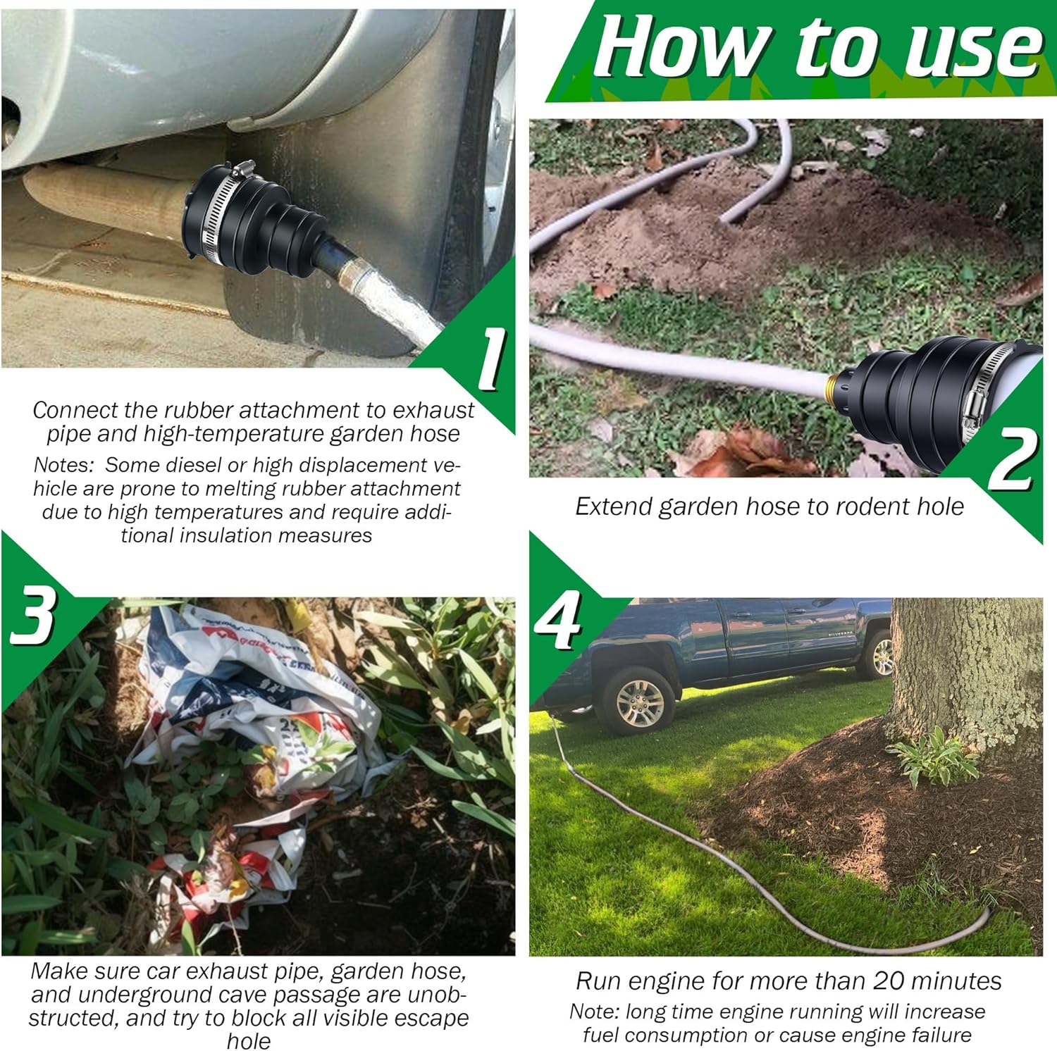 Qualirey 2 Pack Pest Control Exhaust Pipe Attachment Transport Exhaust from Car to Underground for Killing Outdoor Rodents Such as Moles, Gophers (FIT for Pipe in 2"-2.4"/3"-3.5" Diameter) (Black)