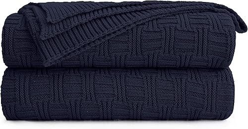 Longhui bedding - Manta grande de punto trenzado 100% algodón azul marino con bolsa de lavado adicional para sofá cama  60 x 80 pulgadas, 3.4 LB,