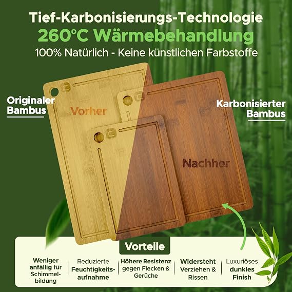 naturlik Chopping Board Set of 3 Carbonised Bamboo Chopping Board Dark with Juice Groove Sustainable Wooden Kitchen Board for Meat Vegetables Cheese & Bread Serving Board Knife-Friendly Pre-Oiled