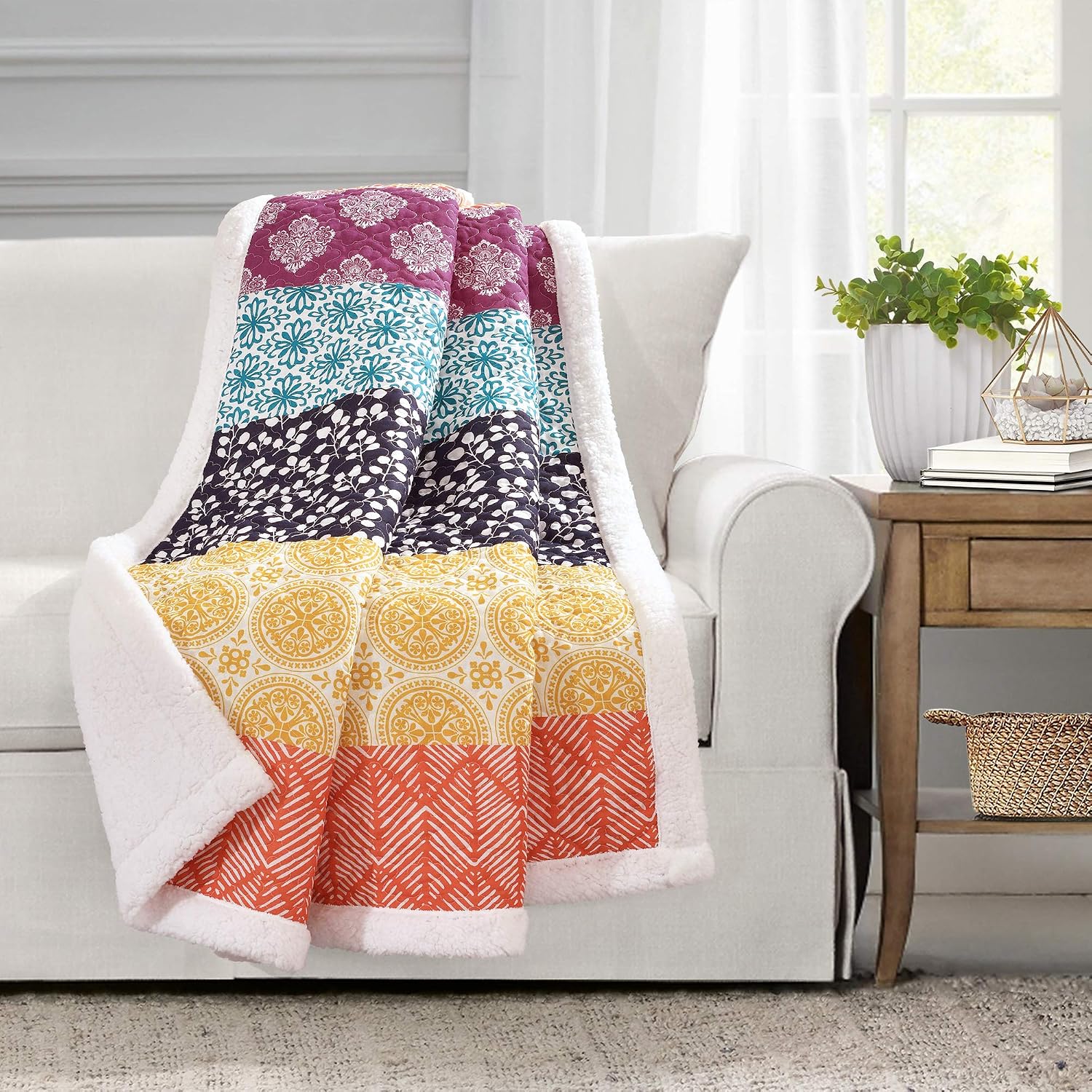 Lush Decor Bohemian Stripe Sherpa Throw Blanket, 60" x 50", Fuchsia & Orange