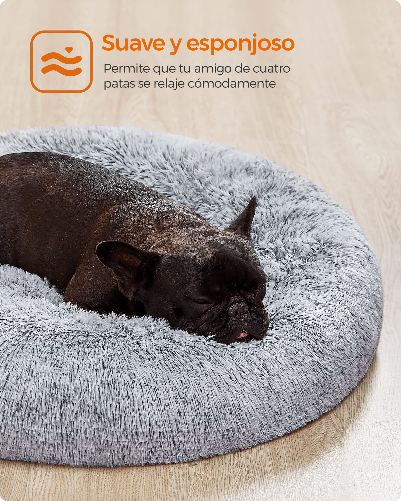 Feandrea Cama de Perros, Cama para Perros, Cojín Central Extraíble y Lavable, Alfombra de Felpa Suave y Mullida, 70 cm de Diámetro, Gris PGW039G01
