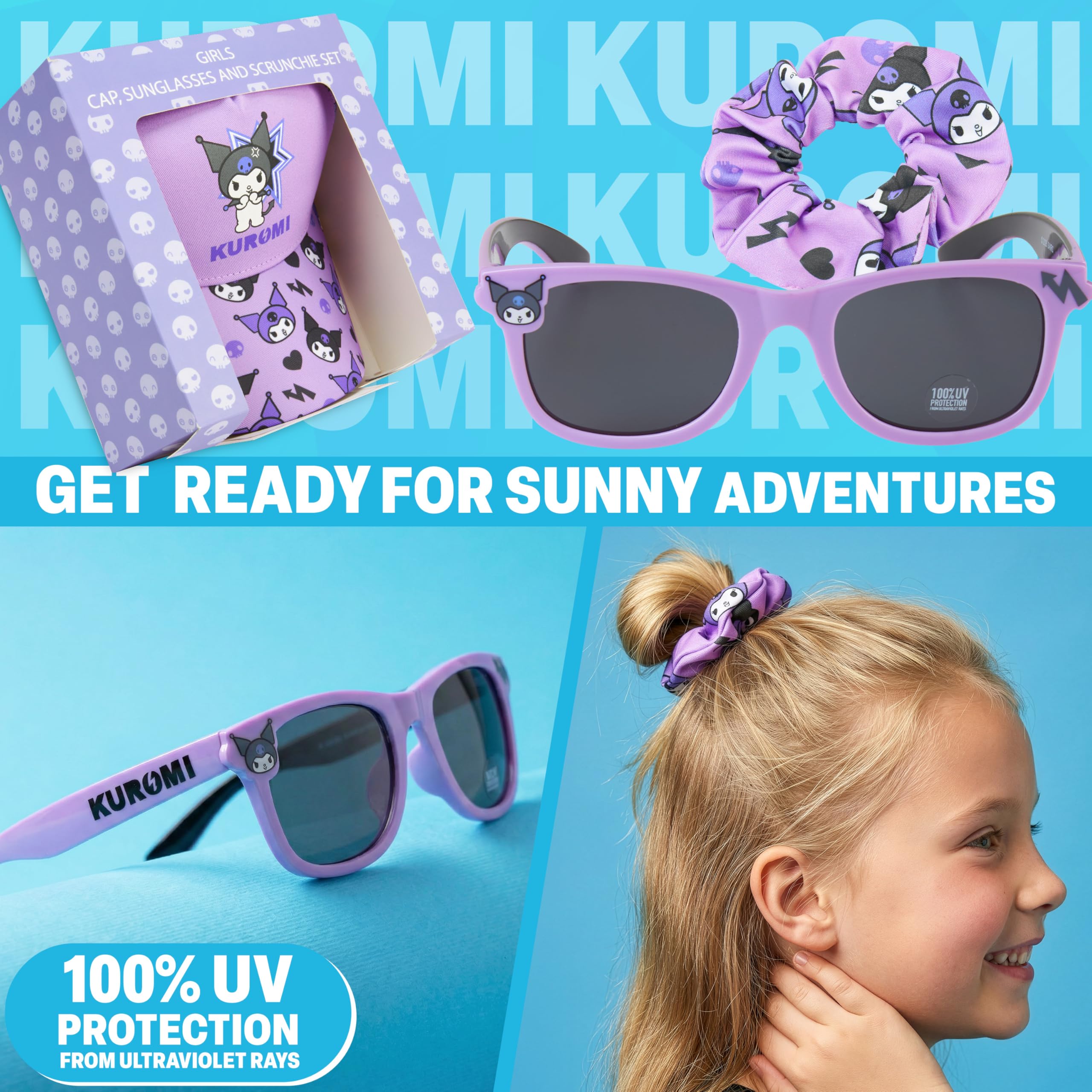 Get Trend Barbie | Hello Kitty | Kuromi | Squishmallows | Cinnamoroll Gorra Niña con Gafas de Sol UV400 y Goma Pelo Set, Accesorios Niña de Verano