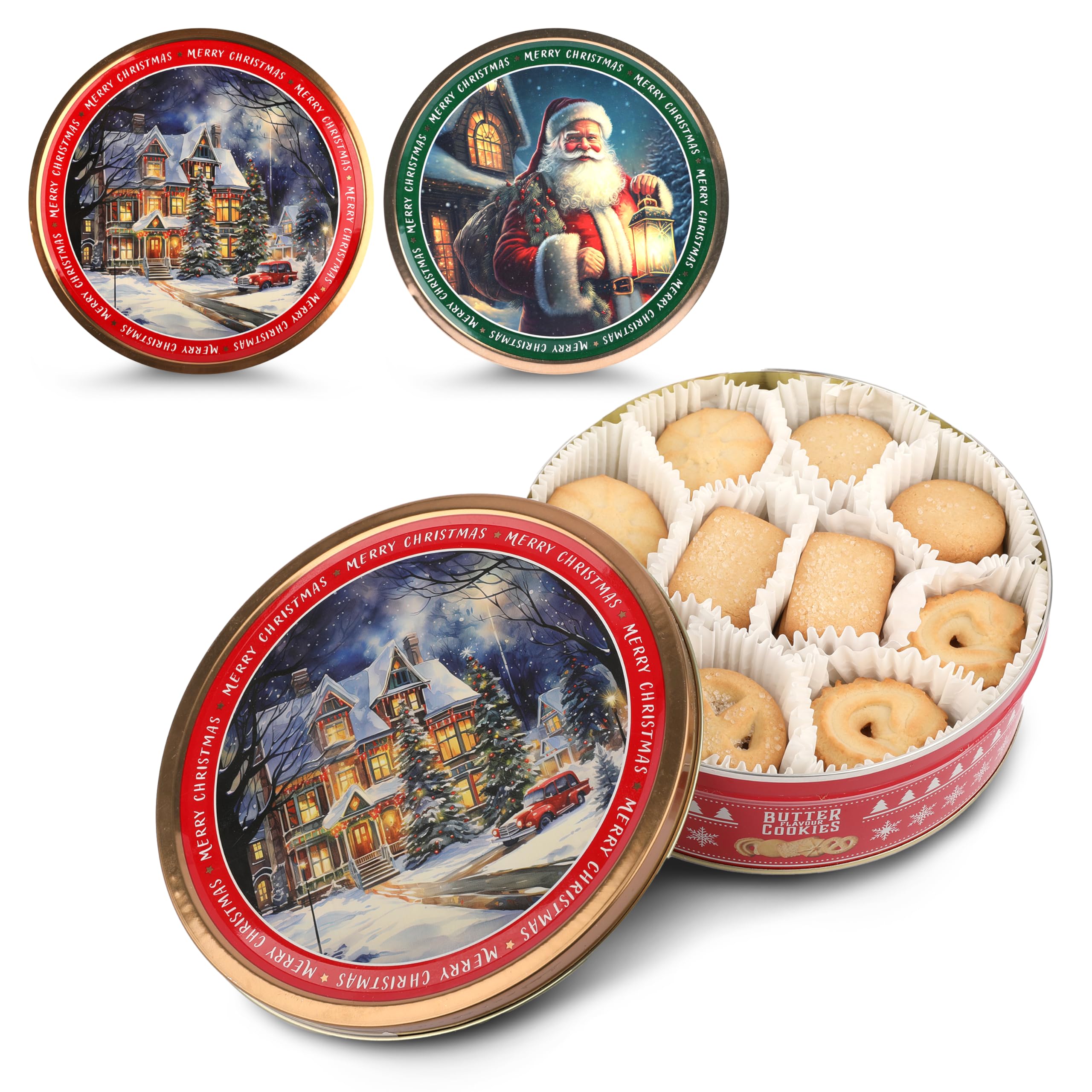Weihnachtskeksdose mit Butter Keksen 340g – Keksdose für Plätzchen, rot oder grün, Design nach Zufall: Winterhaus oder Weihnachtsmann – Nostalgische Dose für Keks Lebensmittel & Getränke