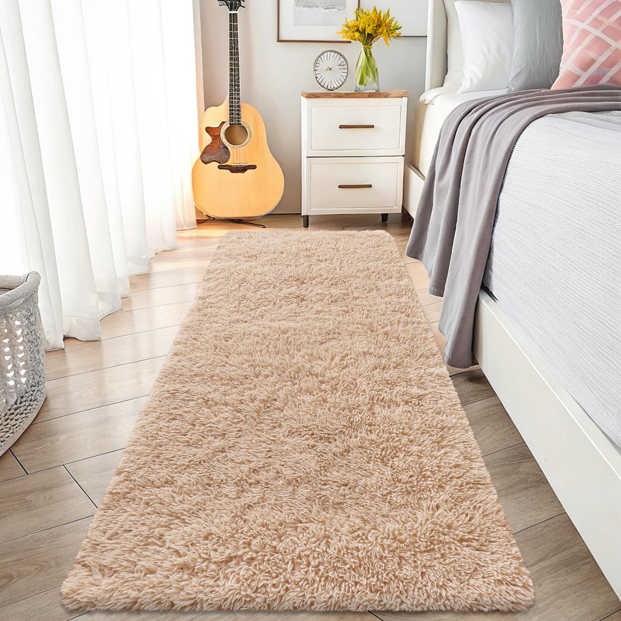smiry Fluffy High Pile Rugs Living Room, Anti Slip Shaggy Soft Carpet, Machine Washable Modern Large Thick Area Rugs for Bedside, Kids Bedroom - Camel, 90 x 210 cm