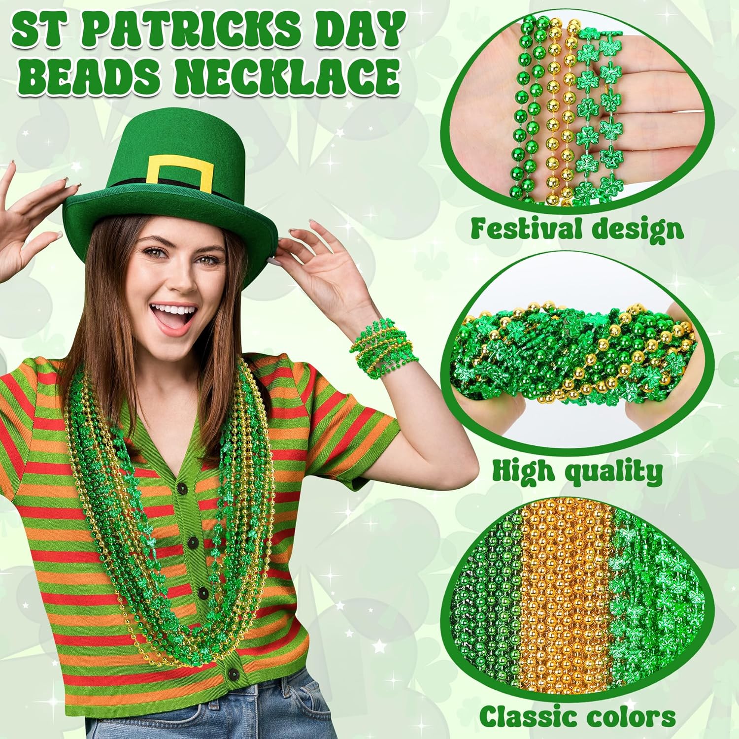 100PCS St Patricks Day Necklace Accessories, Saint Patrick's Day Green Round Shamrock Beads Necklaces Bulk, 3 Kinds Irish St Patricks Day Decorations Necklace for Parade Throw Party Favor Decorations - Image 3