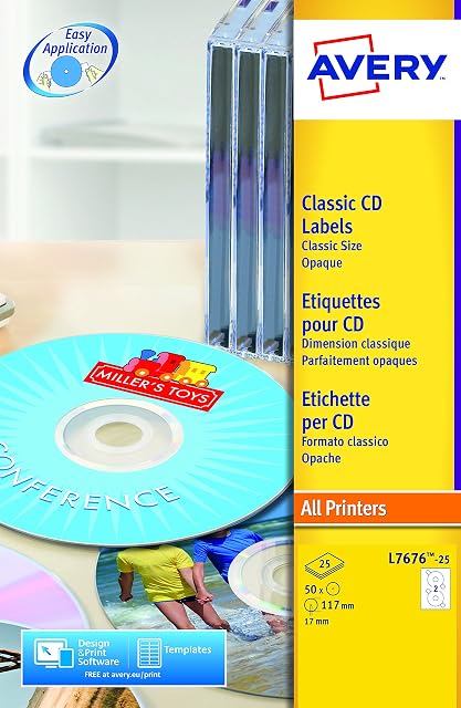Avery L7676-25 Self-Adhesive Full Face CD Labels, 2 Labels Per A4 Sheet, White